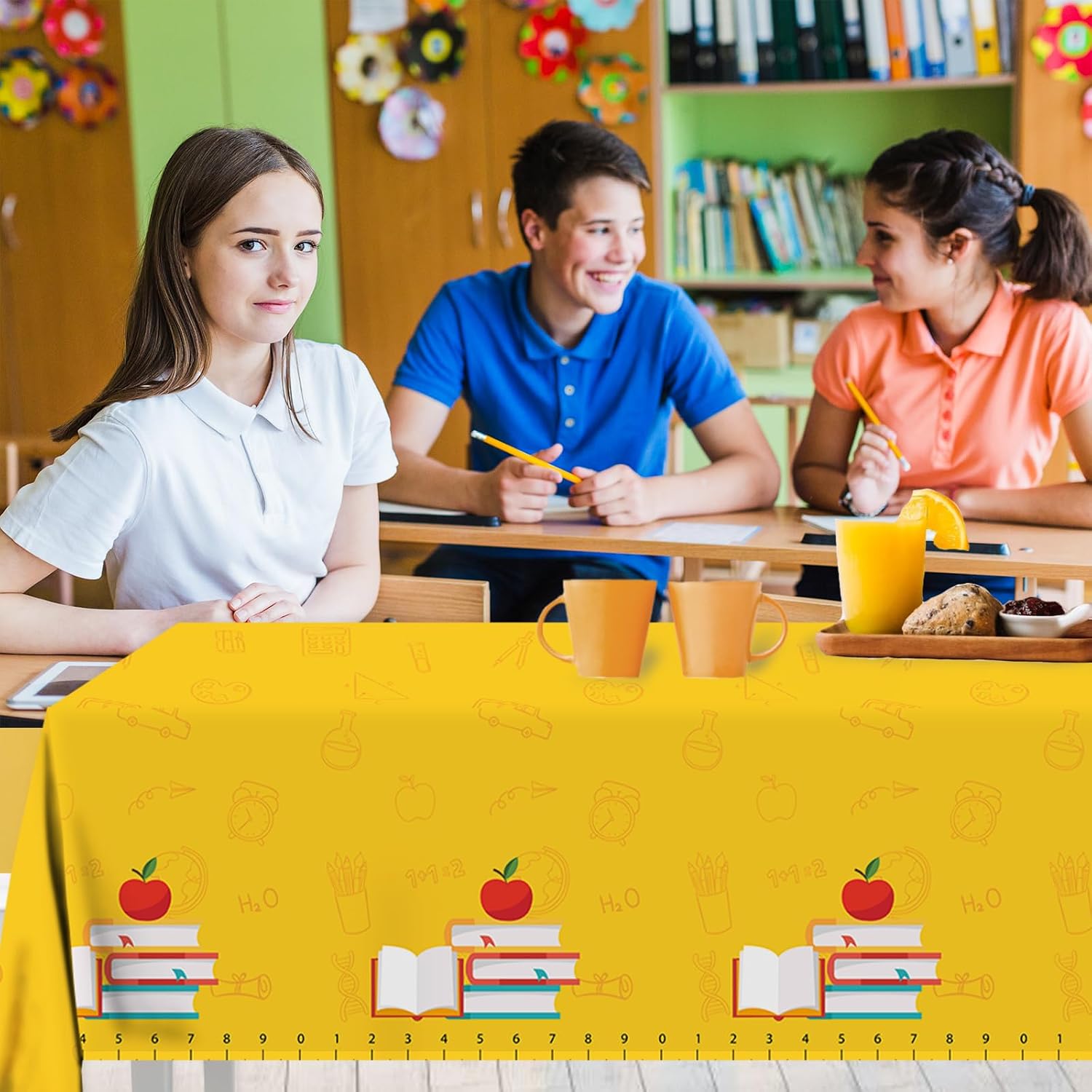 3pcs Back to School Tablecloths Disposable Plastic Waterproof Table Cover Rectangular Yellow Ruler Tablecloths Kindergarten Graduation First Day of School Party Decorations 54"x108"