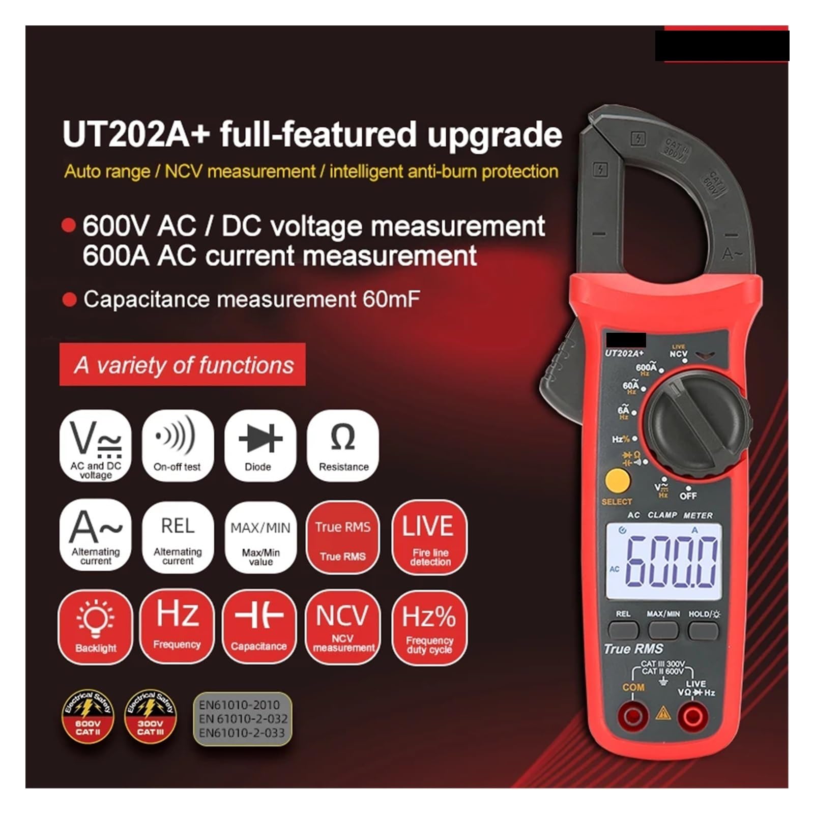 Pinza amperimétrica digital, Pinza Amperimétrica UT202 UT202A UT204 Plus, Voltímetro Digital AC/DC, Amperímetro, Alica, Multímetro Eléctrico Profesional(UT204 PLUS)
