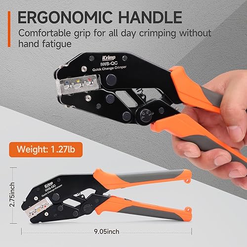 Miniatura 6 de iCrimp - Juego de herramientas de crimpado de trinquete con pelacables, mordazas de cambio rápido para terminales de barril abierto, terminales