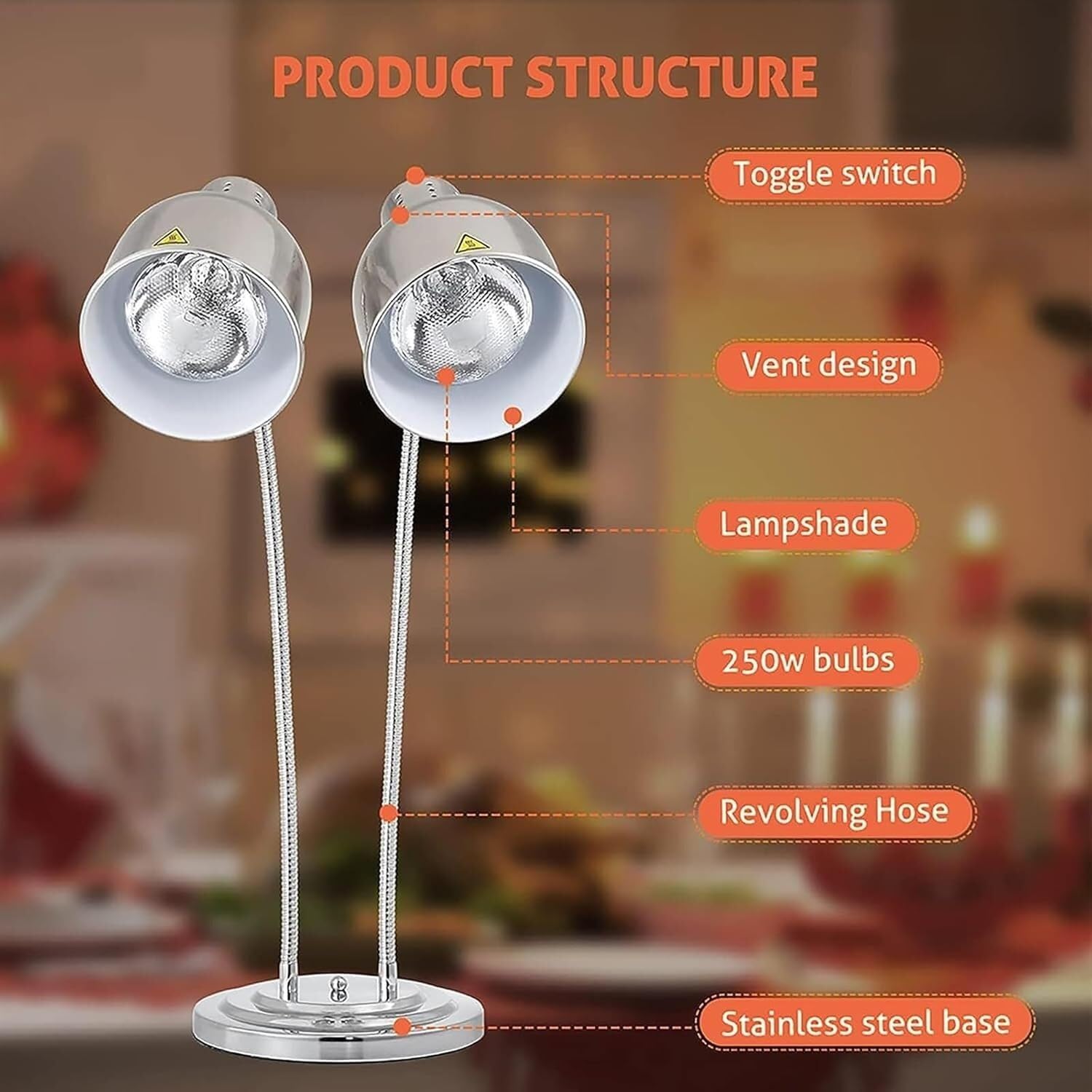 Riscaldamento rapido Lampade for Riscaldamento e conservazione di Alimenti Commerciali, Commerciali e domestiche(Silver)