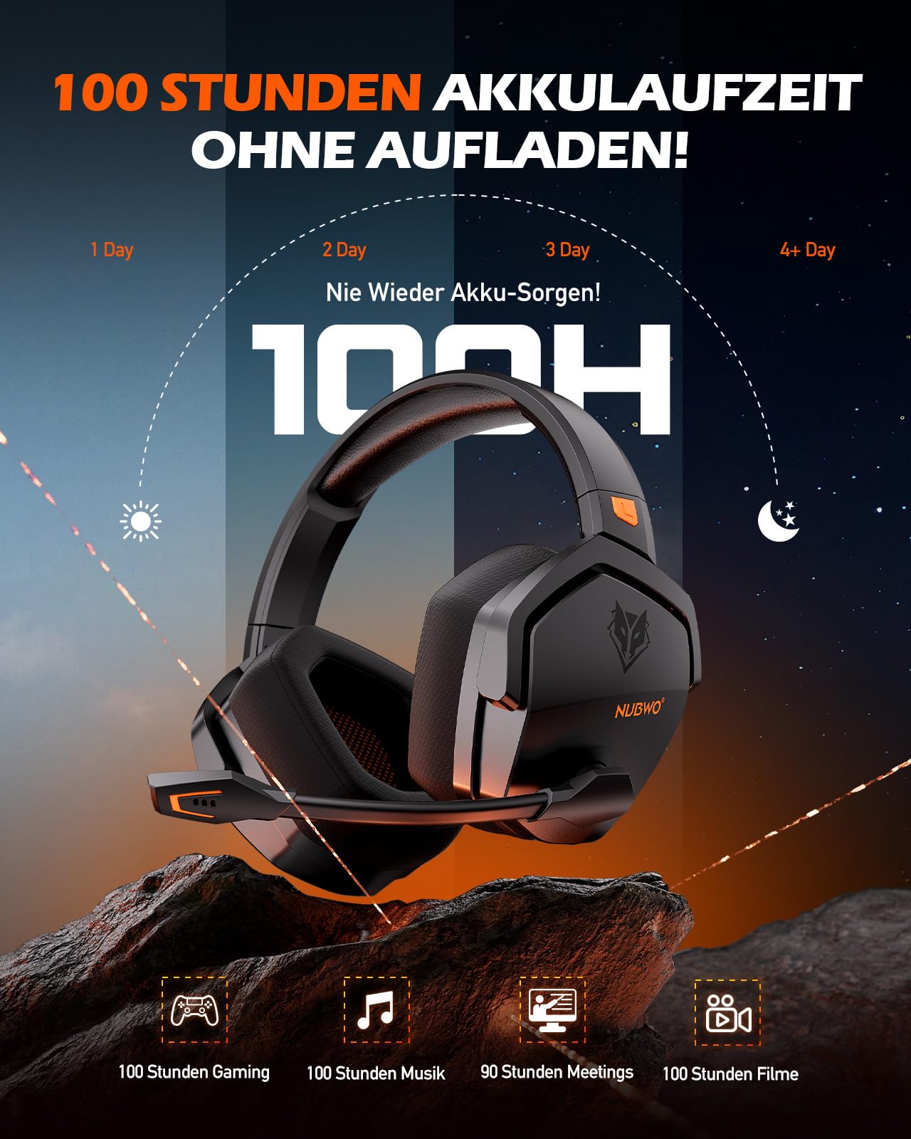 NUBWO G06 Dual Wireless Gaming Headset für PS5, PS4, PC, Mobile: 2.4 GHz + Bluetooth, 100 Stunden, 50mm Treiber, Orange