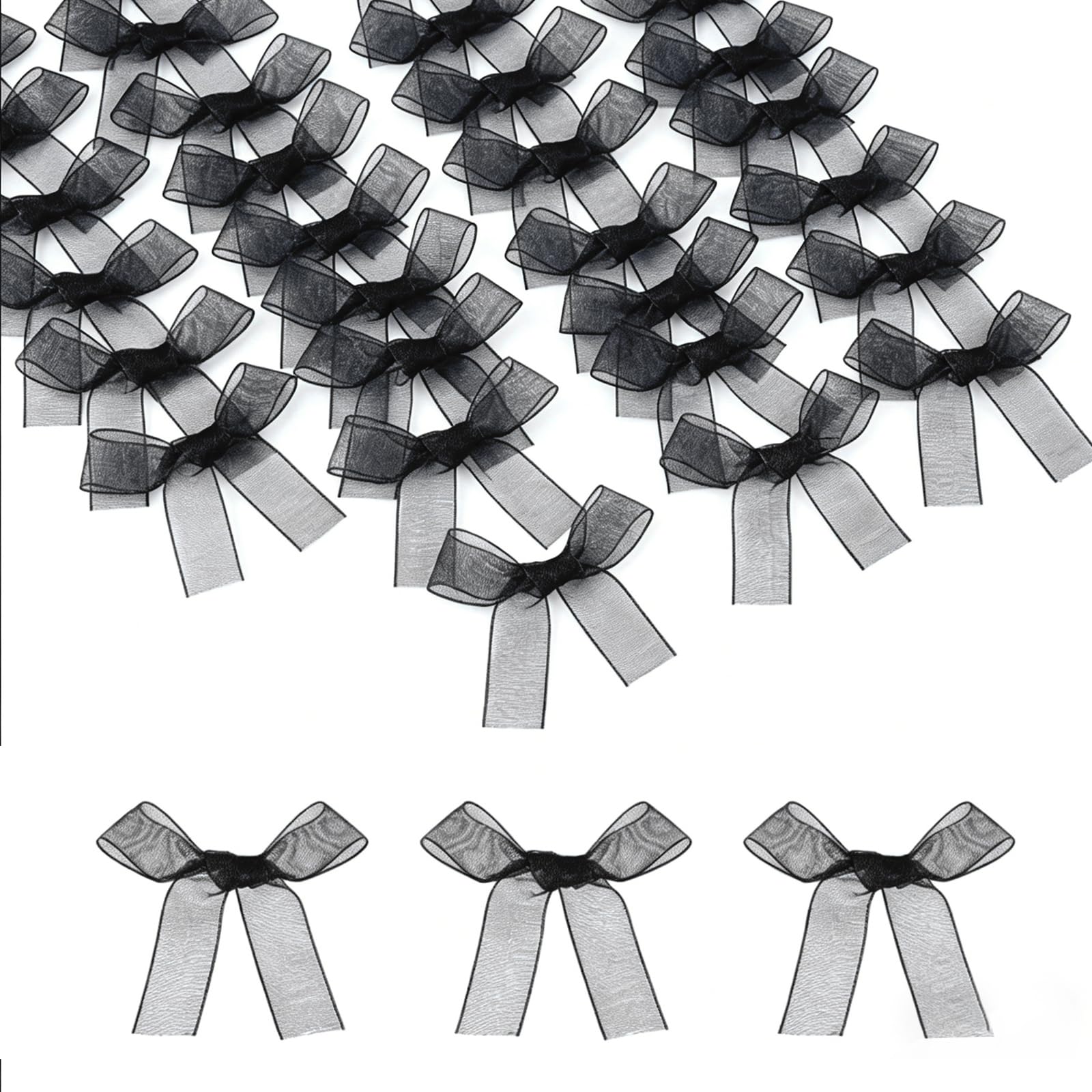 sourcing map 50 Pcs Mini Ribbon Bows, 2" Tiny Bows Organza for Crafts Small Bowknot Artificial Applique Embellishment for DIY Craft Sewing Scrapbooking Wedding Party Decoration, Black