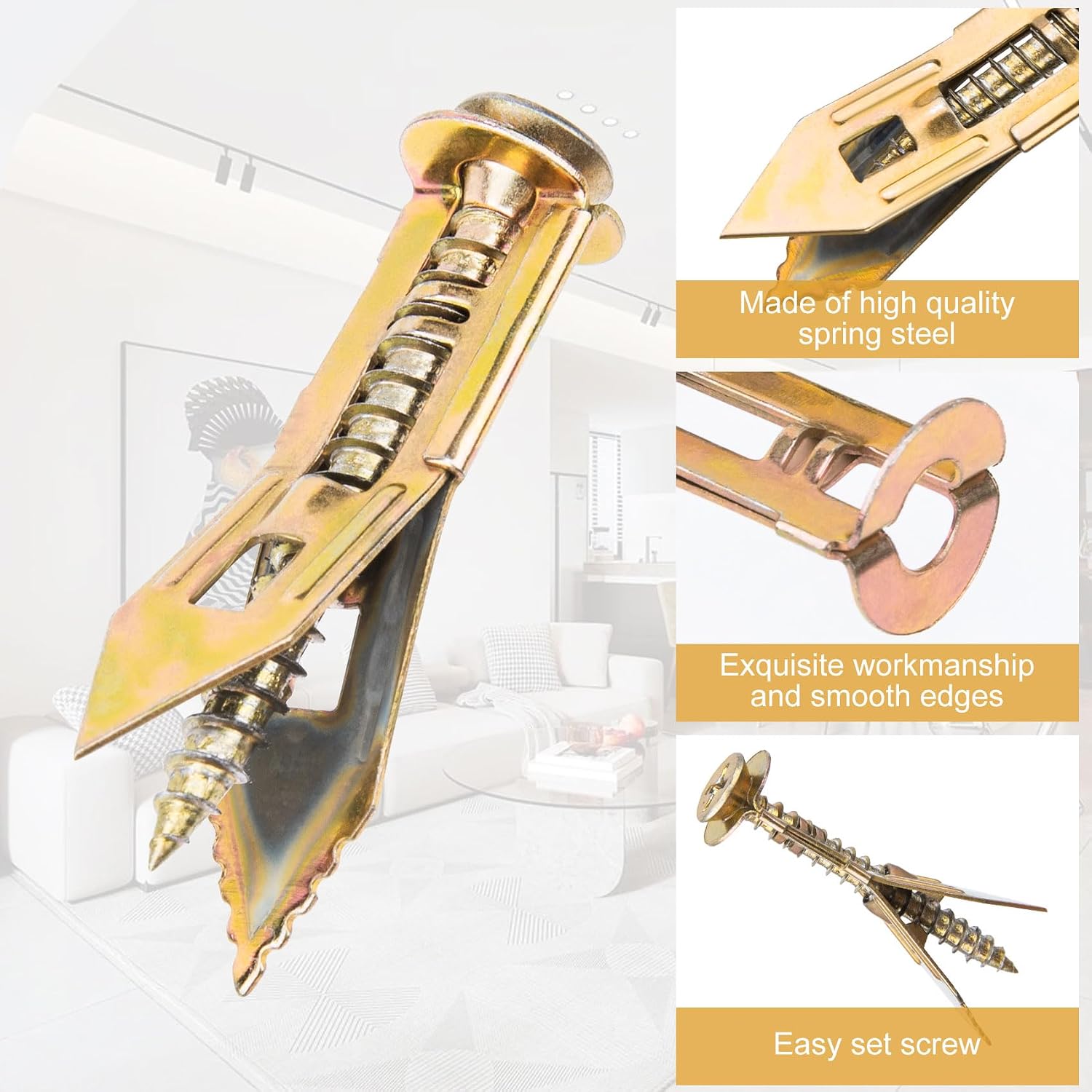 Condition photo showing New/Like New for pagow 80 pcs self-drilling anchors, ancors and screws for heavy duty, metal screw anchors kit, no drill and holes in wall (40 pcs steel anchors 0.47"x1.57" + 40 pcs zinc screws 0.31"x1.57") gold [80pcs] 0.47"x1.57"
