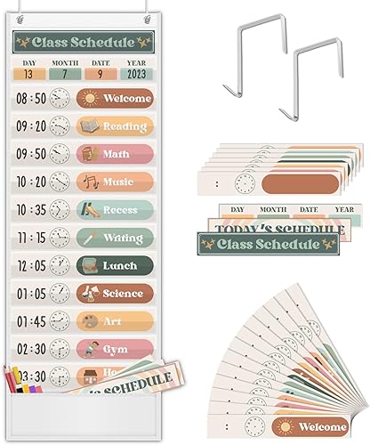 Godery Tabla de bolsillo para horario diario bohemio para el aula con 24 tarjetas, decoración de aula de bienvenida de regreso a la escuela, color
