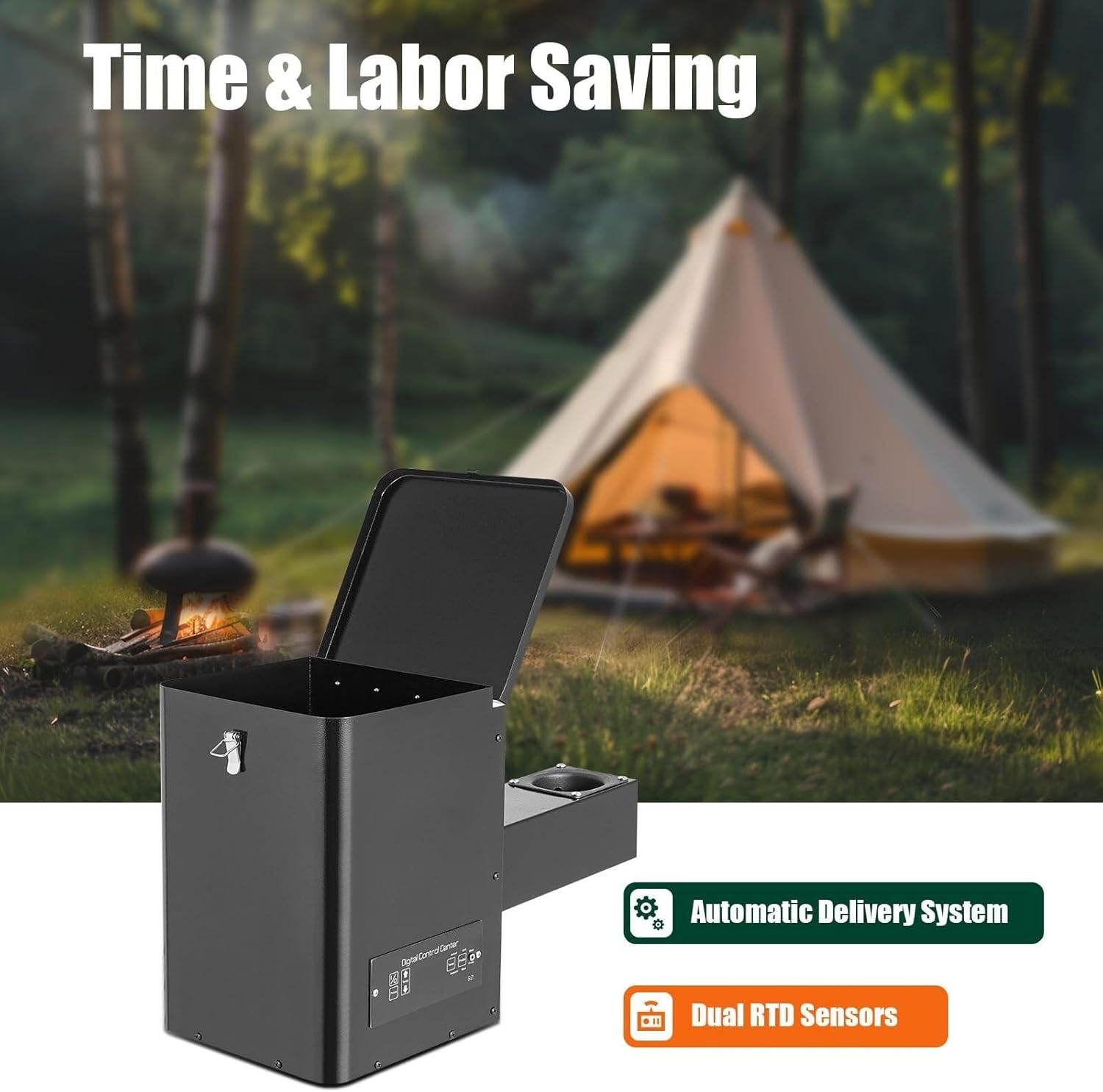 Pellet Smoker Hopper Assembly Kit, Electric Wood Pellet Smoker Grill Part with Auto Ignition, 250W Grill Hopper with Knob Type Digital Temperature Controller