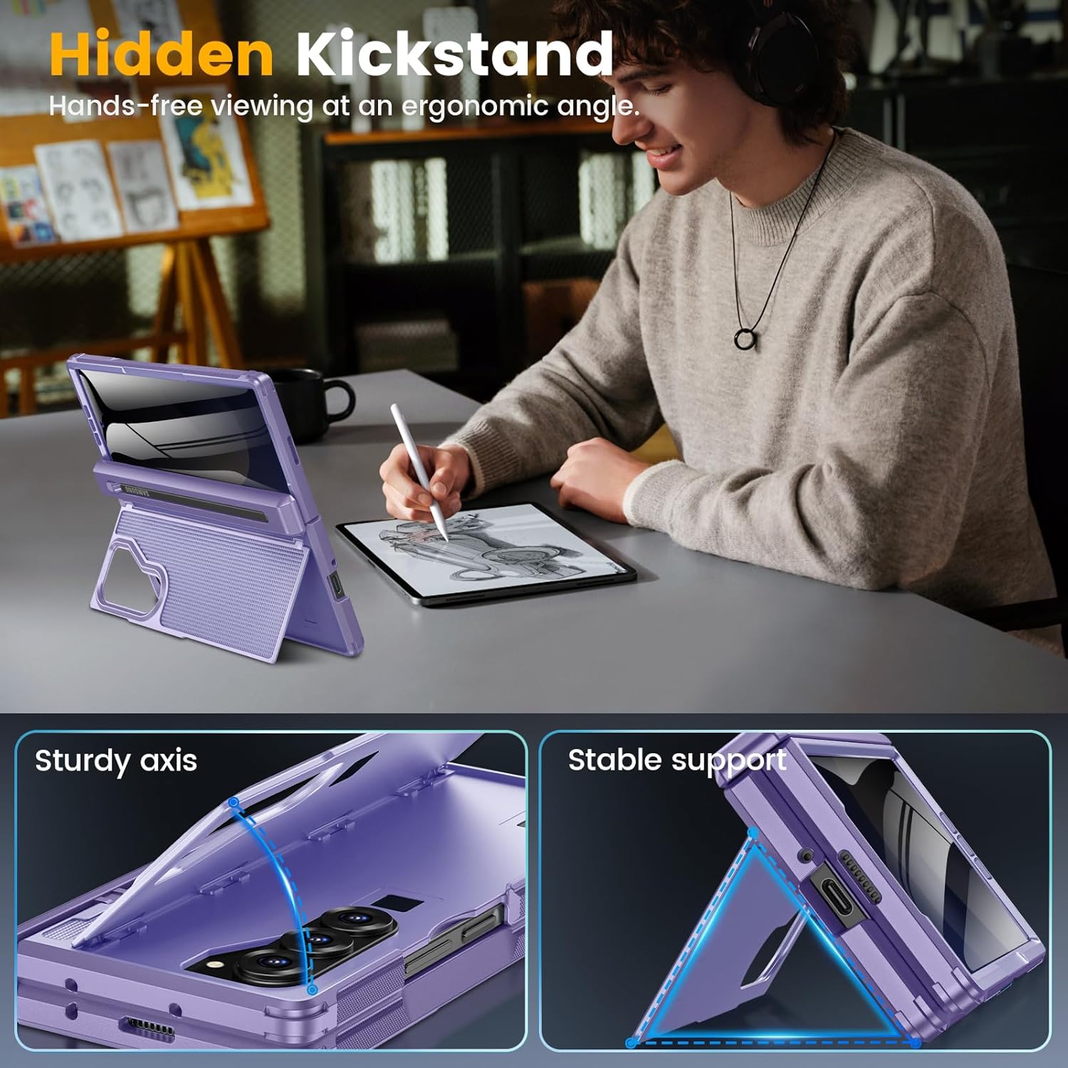 Caka for Samsung Galaxy Z Fold 6 Case [Thinner S Pen Holder] [Hidden Kickstand] [Hinge Protection] [Screen Protector] Shockproof Hard Phone Cover with Anti-Slip Textured for Fold6 - Privacy Purple