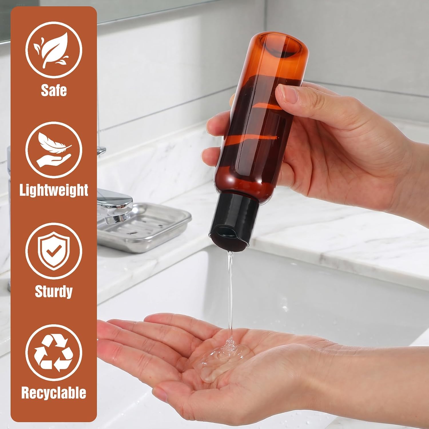 50 Pack 4oz Plastic Bottles Empty Lotion Bottles with Disc Top Flip Cap Amber Refillable Squeeze Containers for Travel Shampoo Body Soap Creams Oil
