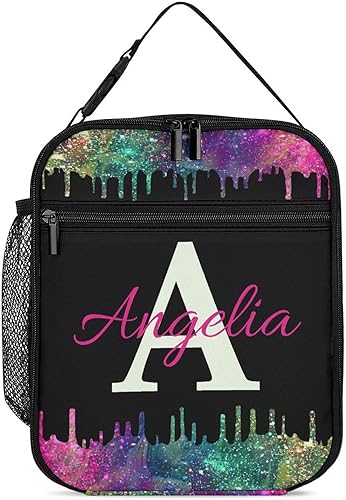 Miniatura 11 de Bolsa de almuerzo con nombre personalizado para hombres y mujeres, con monograma de purpurina azul, hielera, portátil, con nombre, para niñas, azul