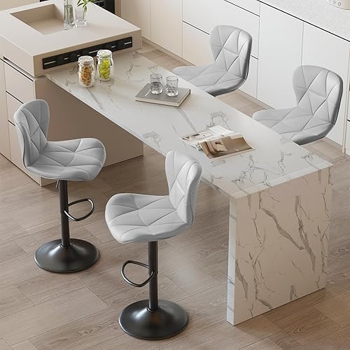 Miniatura 8 de Juego de 2 taburetes de bar, modernos taburetes de bar giratorios ajustables de piel sintética, sillas de altura de mostrador con respaldo y