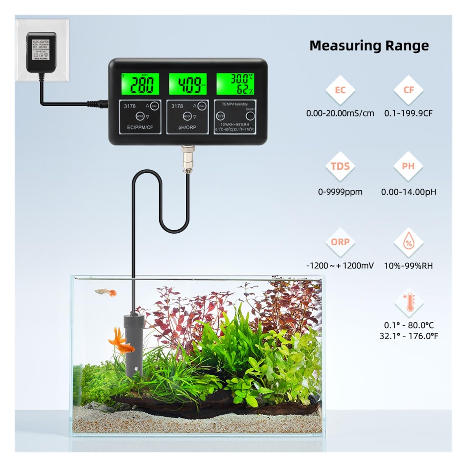 Medidor de PH Digital multifunción 7 en 1, temperatura humedad ORP TDS EC CF, probador pureza calidad del agua, Monitor for piscina acuario, Probador preciso(Plug-01)