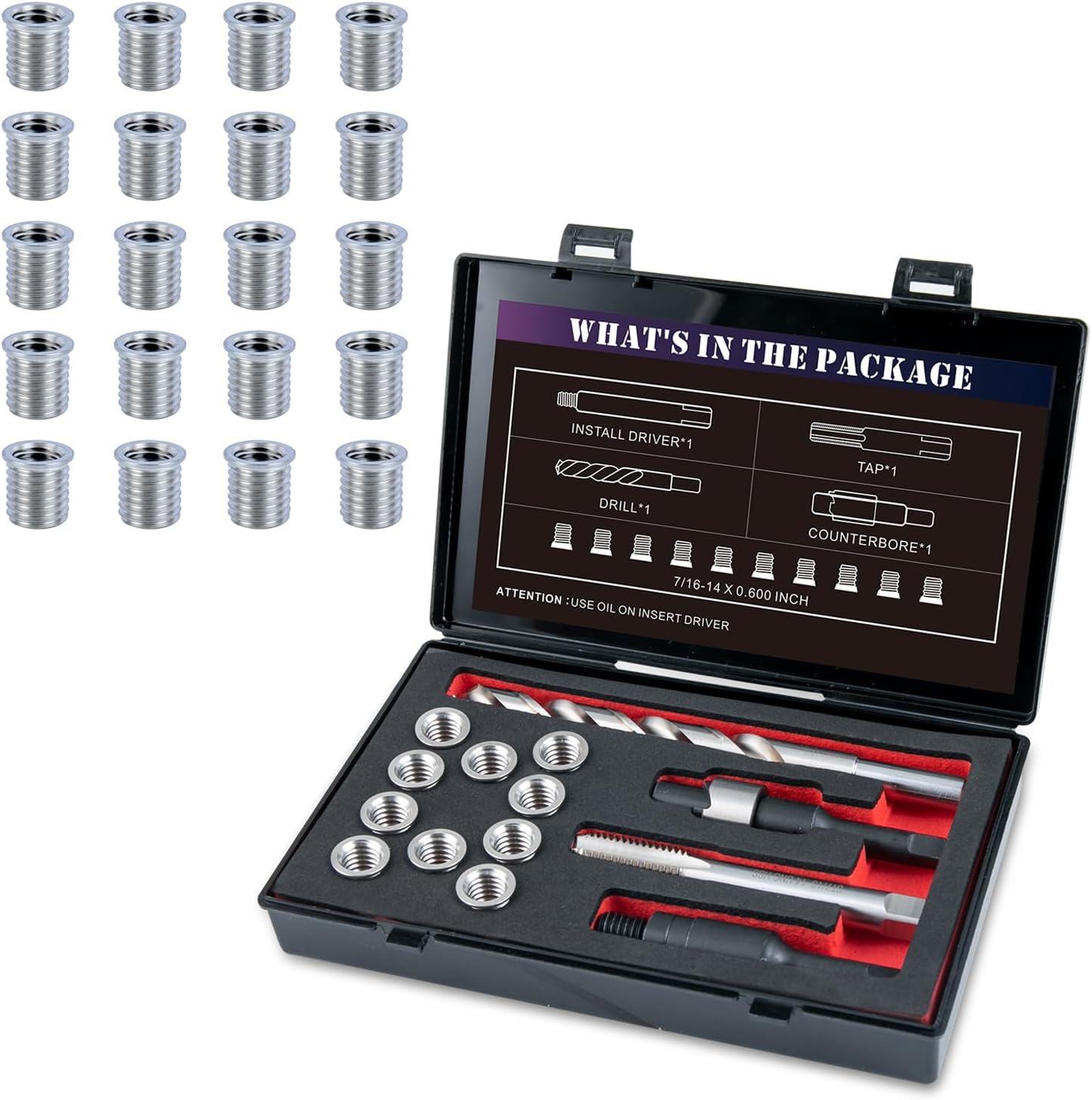7/16-14 SAE Thread Repair Kit with Insert HSS Drill, Tap, Counterbore, Installation Driver, 20PCS Stainless Steel Insert 7/16-14X0.600 INCH