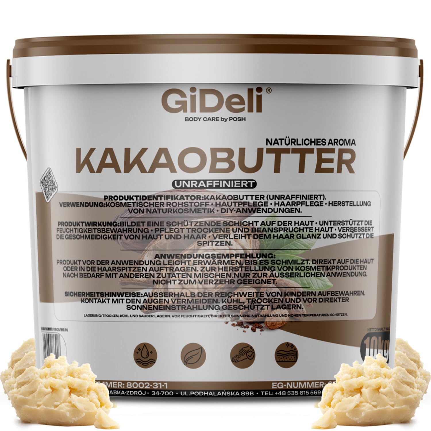 GiDeli Kakaobutter 10kg im Eimer - Das Kakaofett Tiefenwirksam Feuchtigkeitsspendend und Regenerierend - Unraffinierte Butter für Haut und Haarpflege - Das Kakaobohnenfett mit Schutzwirkung