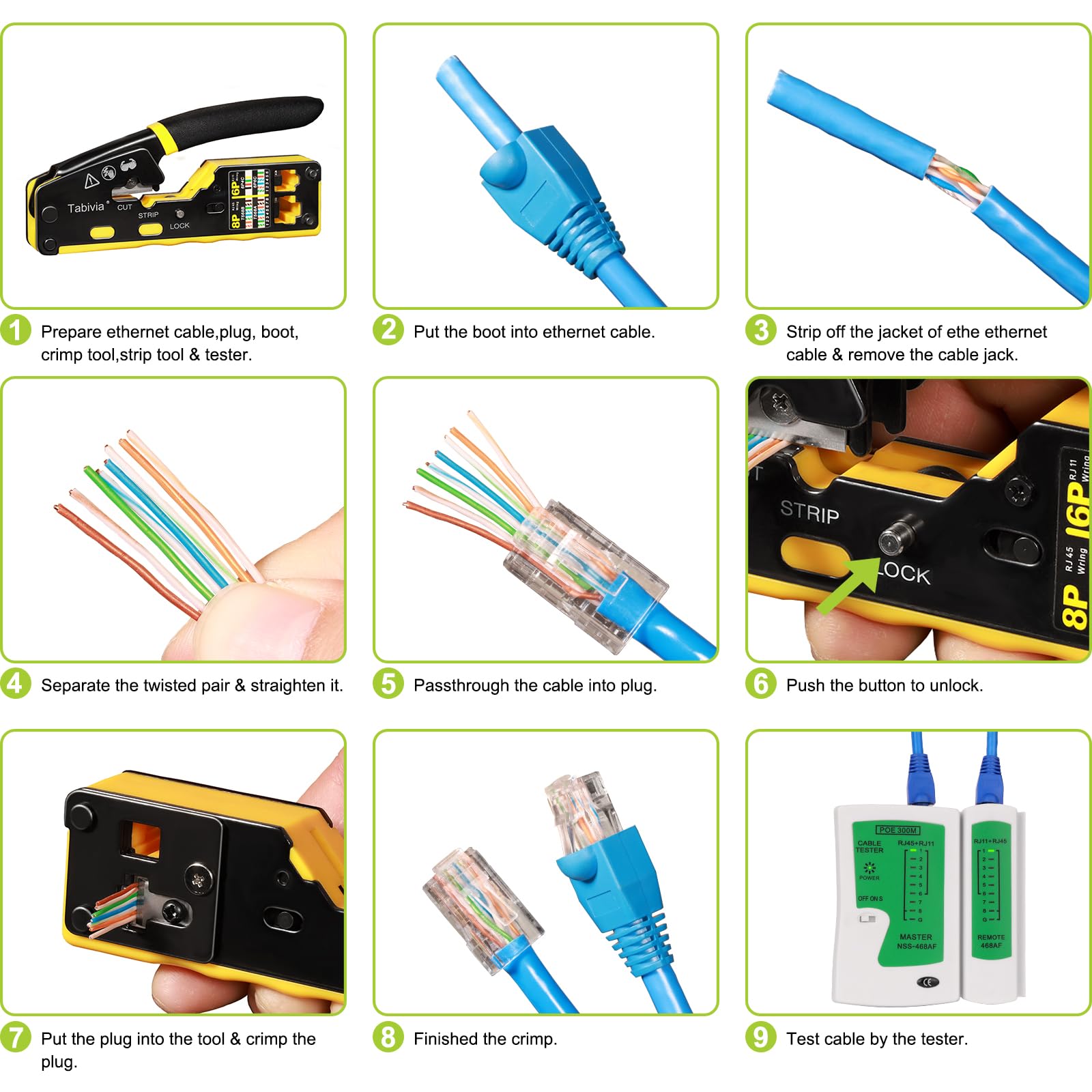 Herramienta de crimpado RJ45 para cables Ethernet Cat5, Cat5e, Cat6, kit de herramientas de crimpado Ethernet con probador de cables de red, 50 conectores Cat6 y botas para reparación de LAN