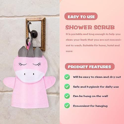 Miniatura 9 de Guantes de baño para niños, 3 piezas, guantes de baño de animales, guantes de lufa, reutilizables, toallas de baño para bebé, limpiador de espalda