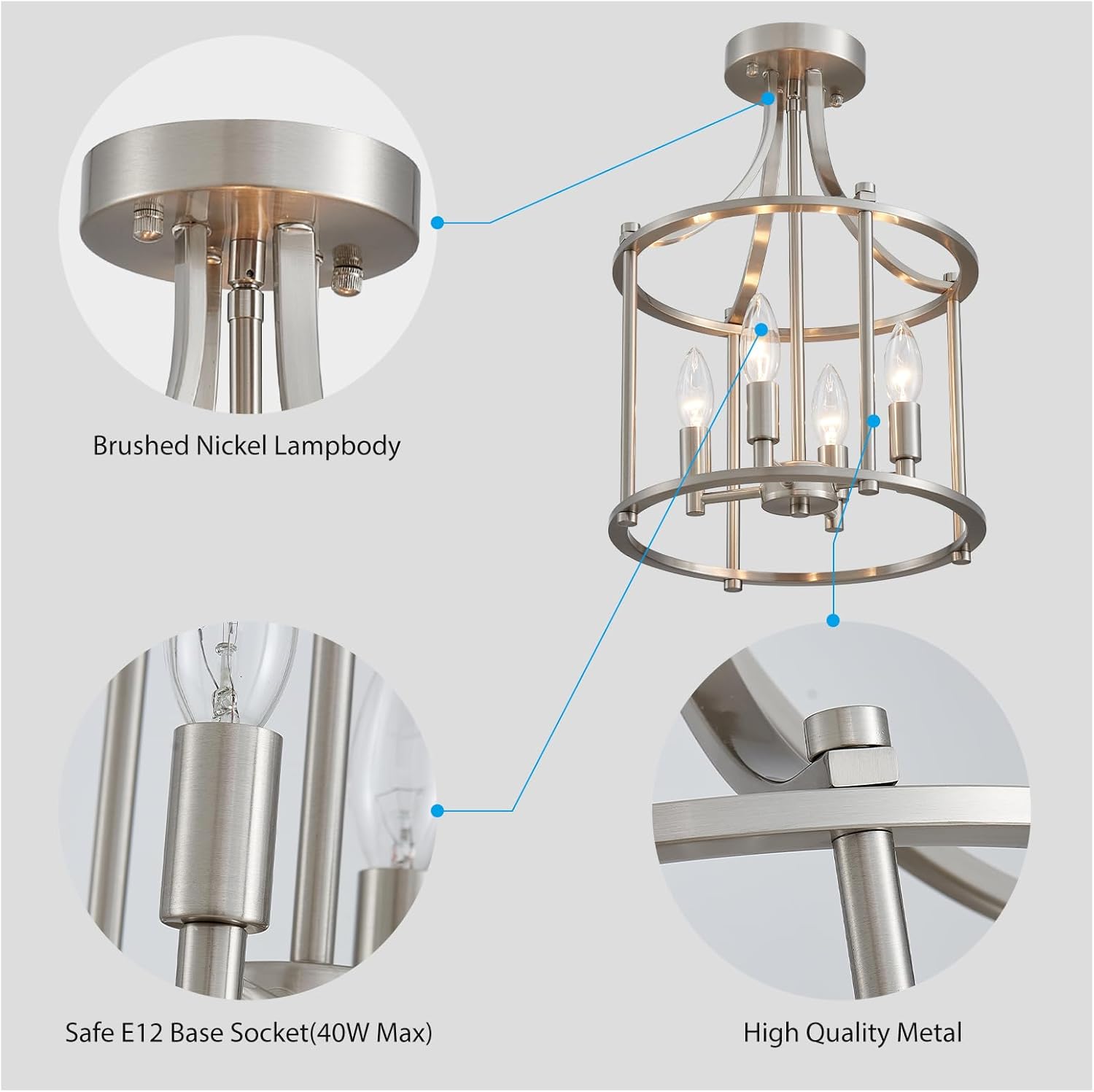 XINGQI Brushed Nickel Semi Flush Mount Ceiling Light Fixture Modern 4 Light Round Small Mini Chandelier Cage Ceiling Lights for Entryway Foyer Hallway 12" Geometric Dining Room Chandelier