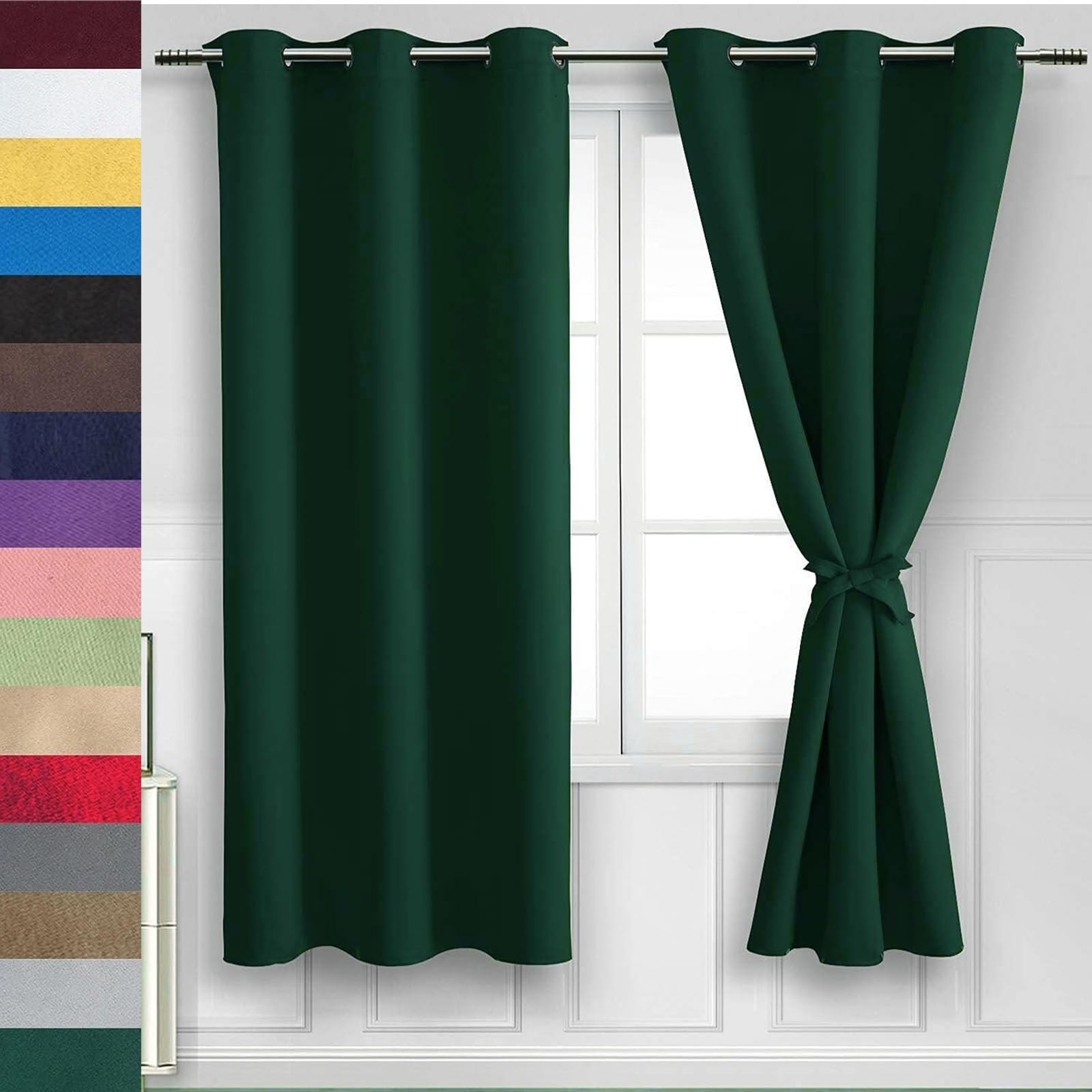 WUXXIANG Blackout Curtains for Bedroom 135 x 55 cm(53 x 22inch) Thermal Insulated Energy Saving, Eyelet Thermal Curtains & Drapes, with Matching Tie Backs, for Windows and Doors, Dark Green