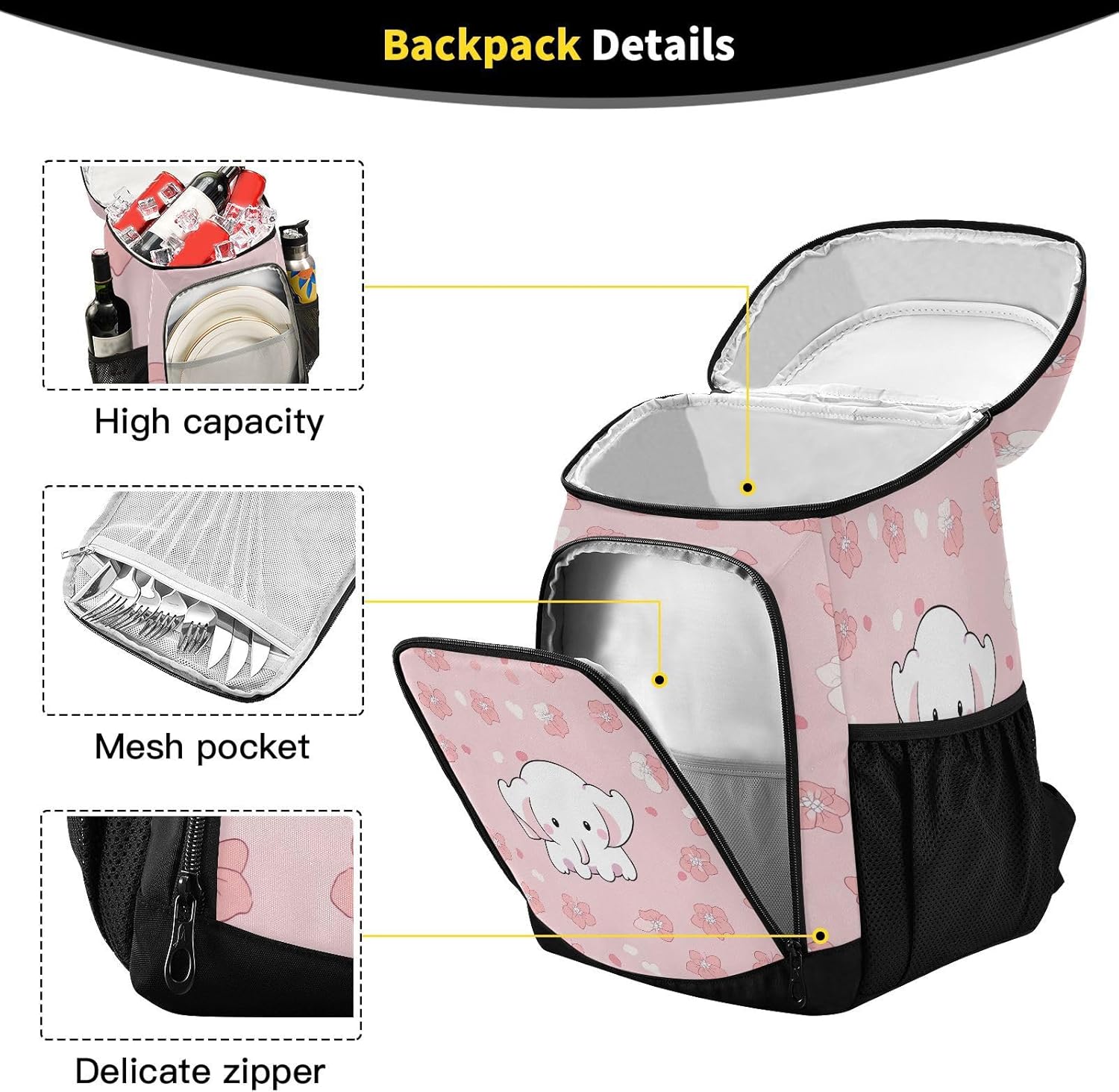 Cute Elephant Cooler Backpack 36 Cans Leakproof Waterproof Backpack Cooler Bag Beach Accessories Travel Camping Fishing Backpack for Women Men