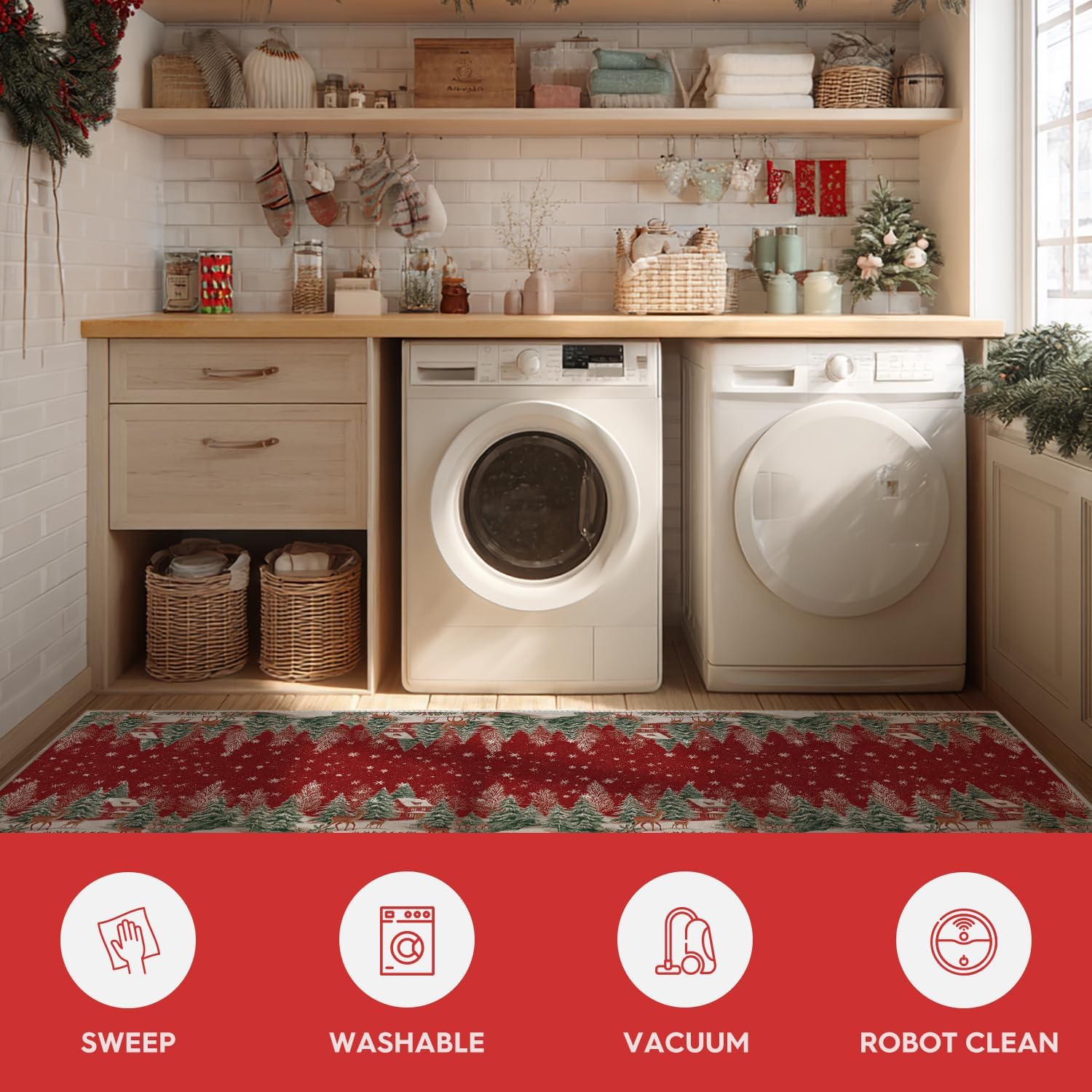 Artoid Mode Red Pine Tree Deer Christmas Runner Rug, Winter Home Decor Low-Profile Non-Slip Washable Carpet Runner for Hallways Kitchen Laundry Bedroom Bathroom 2x6 Feet - Image 6