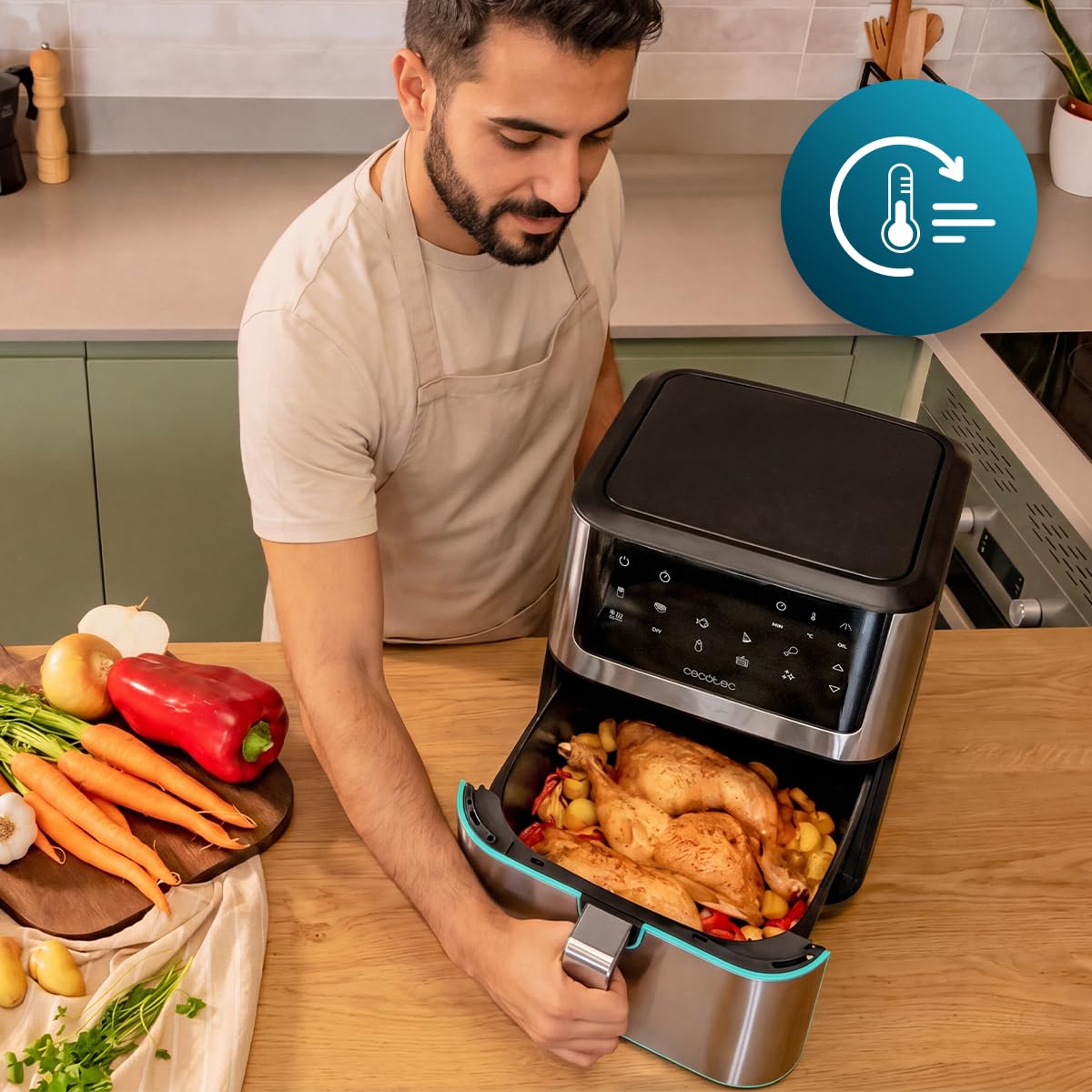 Cecotec Frytkownica na gorące powietrze Cecofry Supreme 8000 Hot. pojemność 8 l, 1800 W, konstrukcja ze stali nierdzewnej, sterowanie dotykowe, 10 programów, 30-200 stopni, funkcja Pre-Heat i