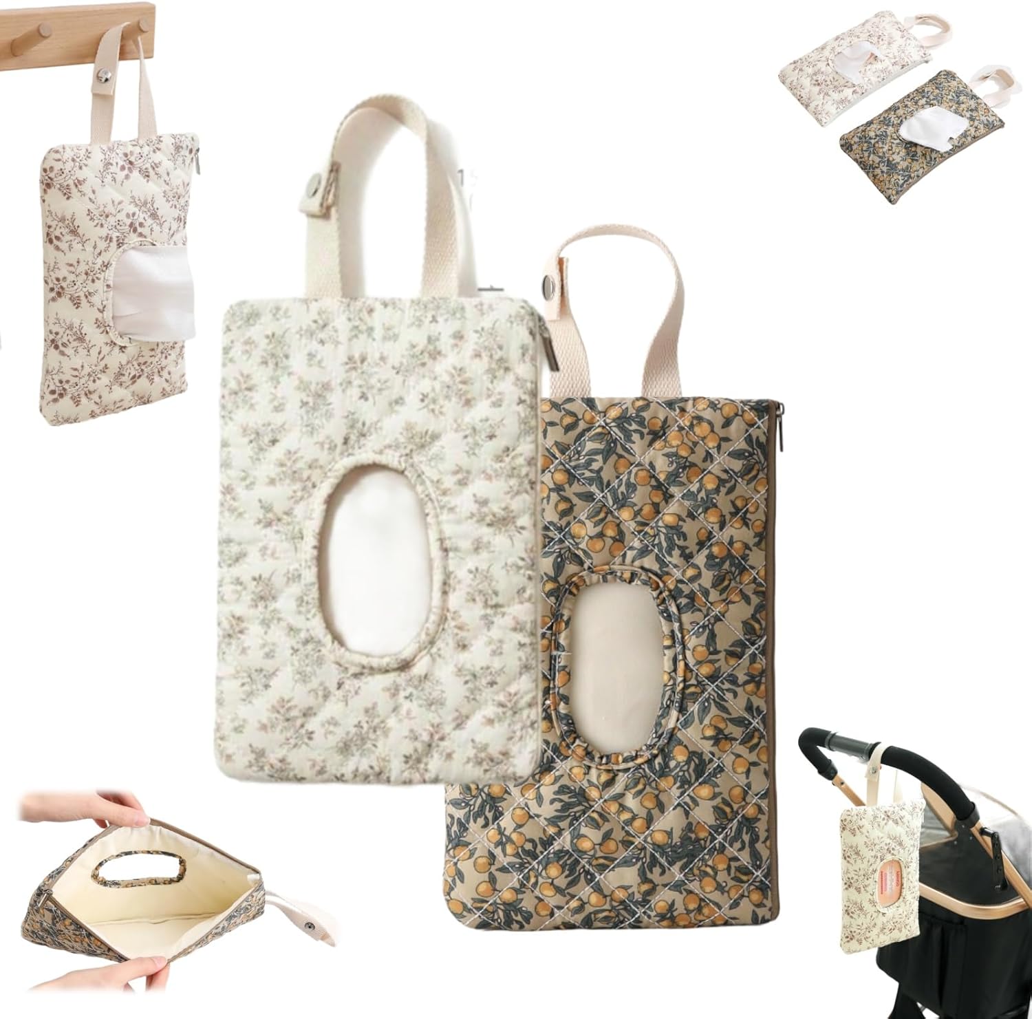 Floral Quilted Wipe Dispenser,Portable Canvas Floral Quilted Holder Case with Lanyard,Reusable Wet Wipes Pouch for Travel Stroller Daily Casual (2MIX)