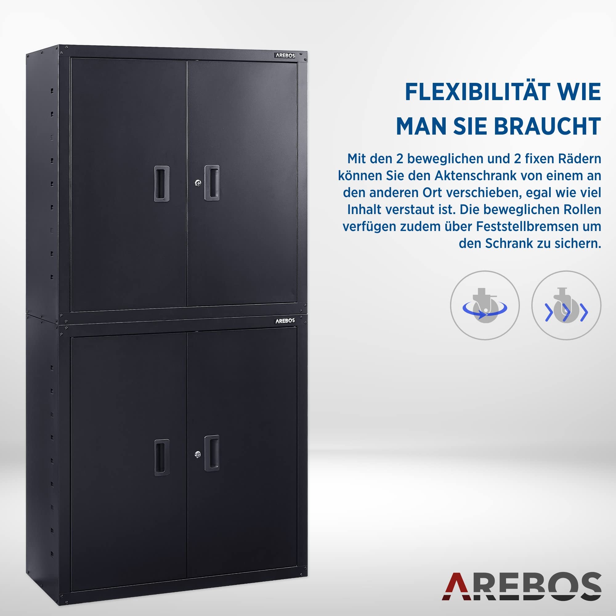 Arebos Aktenschrank Büroschrank Schwarz 180x40x90 cm 4 Türen höhenverstellbare Einlegeböden Zylinderschloss