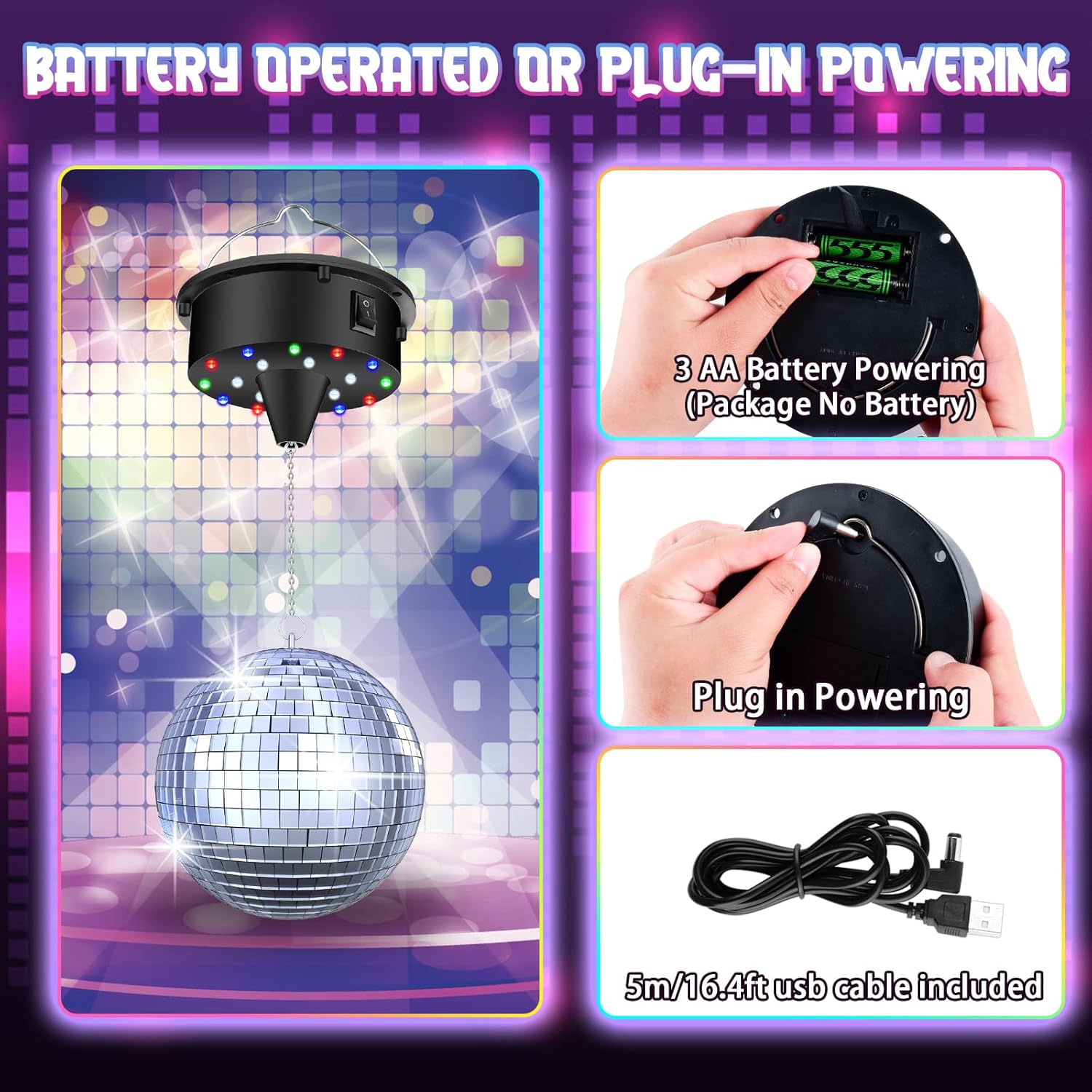 Disco Ball with Motor and Light, 5/8/10/15 RPM Variable Rotating Speed Disco Motor with 6 Inch Mirror Ball, 4 Colors Light with 18 LED Beads, 70s 80s School Theme DJ Party Essentials