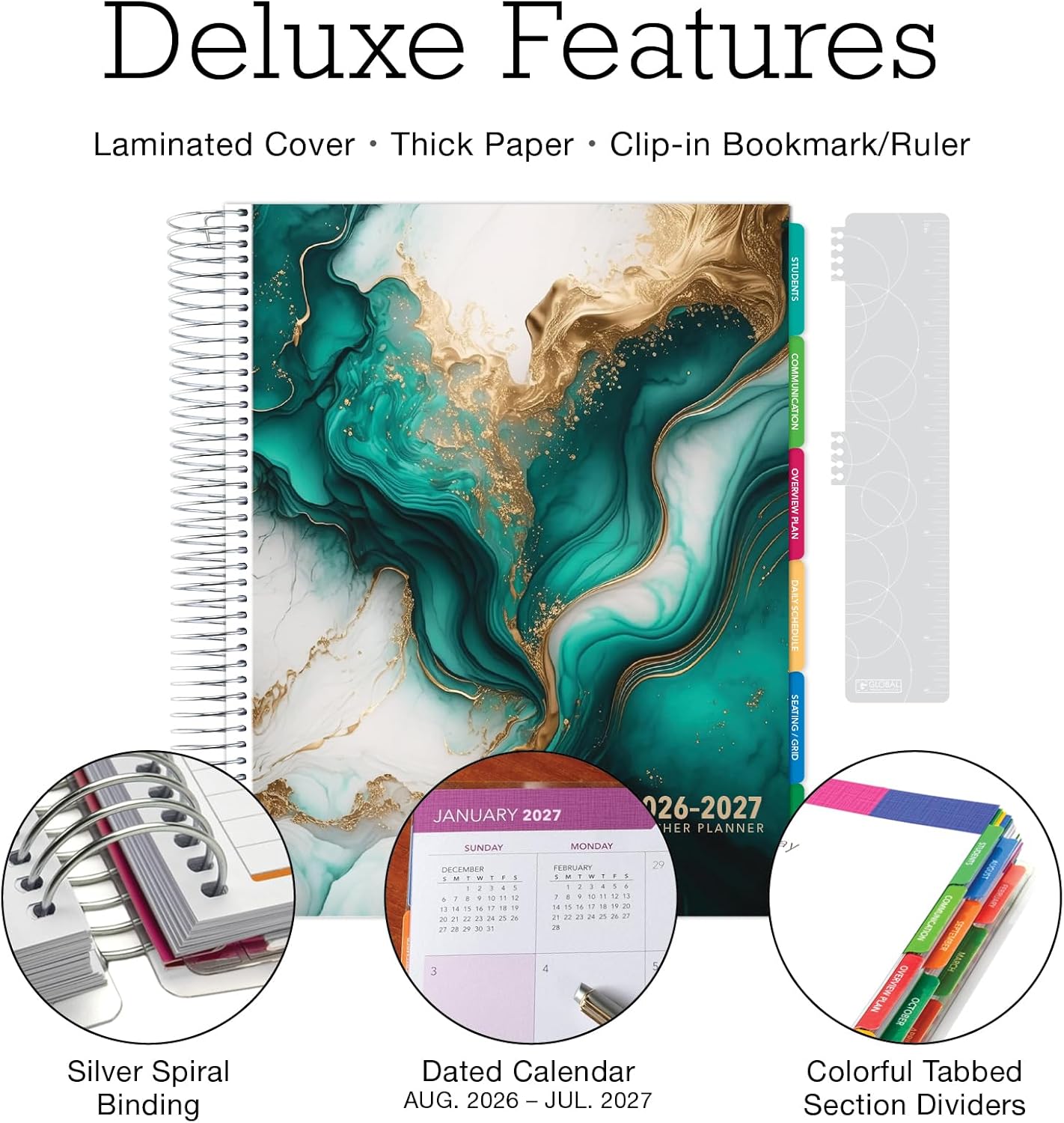 DELUXE TEACHER PLANNER Aug 2026-Jul 2027 8.5x11 Daily Weekly Monthly Organizers with 7 Periods, Pocket Folder, Dated Calendar, Page Tabs, Bookmark and Planning Stickers (Teal Gold Marble)