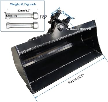 800mm Tiltling Bucket Attachment for 1Ton Mini Excavator, Flat Tooth Backhoe Bucket, Attachment for Machinery, Excavators, Span: 90MM/3.54in, Hole Diameter:25MM (800mm Toothless Bucket)
