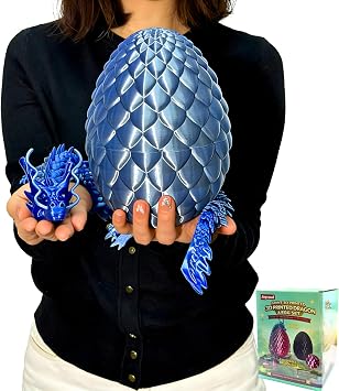 Large 3D Printed Dragon Egg with Dragon Inside, 24 Big Surprise Egg Toy | Openable, Articulated, Fantasy Desk Decor, Collectible Display, Birthday Gift for Kids Boys Girls Dragon Lovers, Blue Silvery