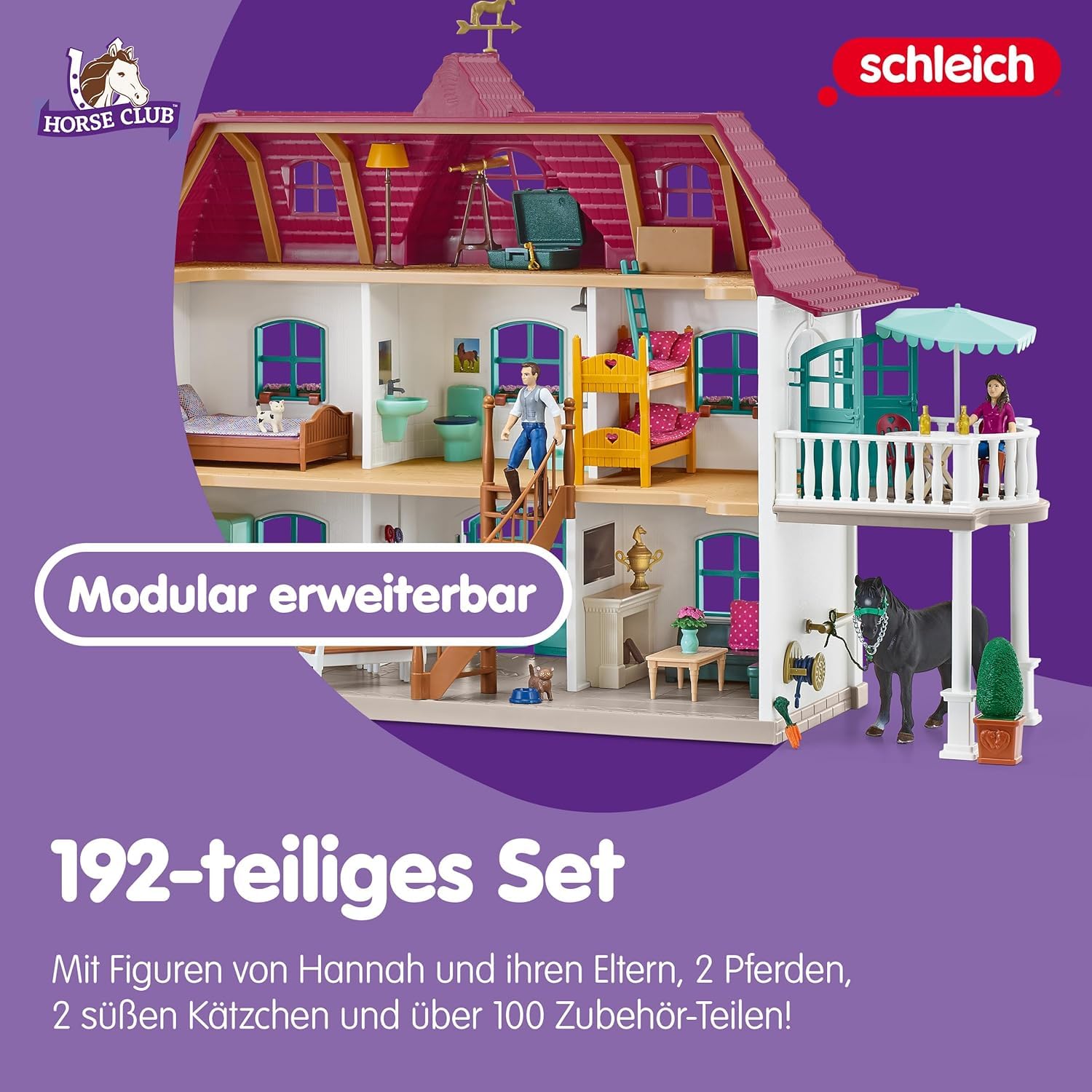 Schleich Horse Club | Lakeside Pferdehof 42551 | ab 5 Jahre | 192 Teile | Set inkl. Haus mit Pferdestall, 2 Pferden, Hannah, ihren Eltern & Zubehör | Geschenk für Mädchen & Jungen