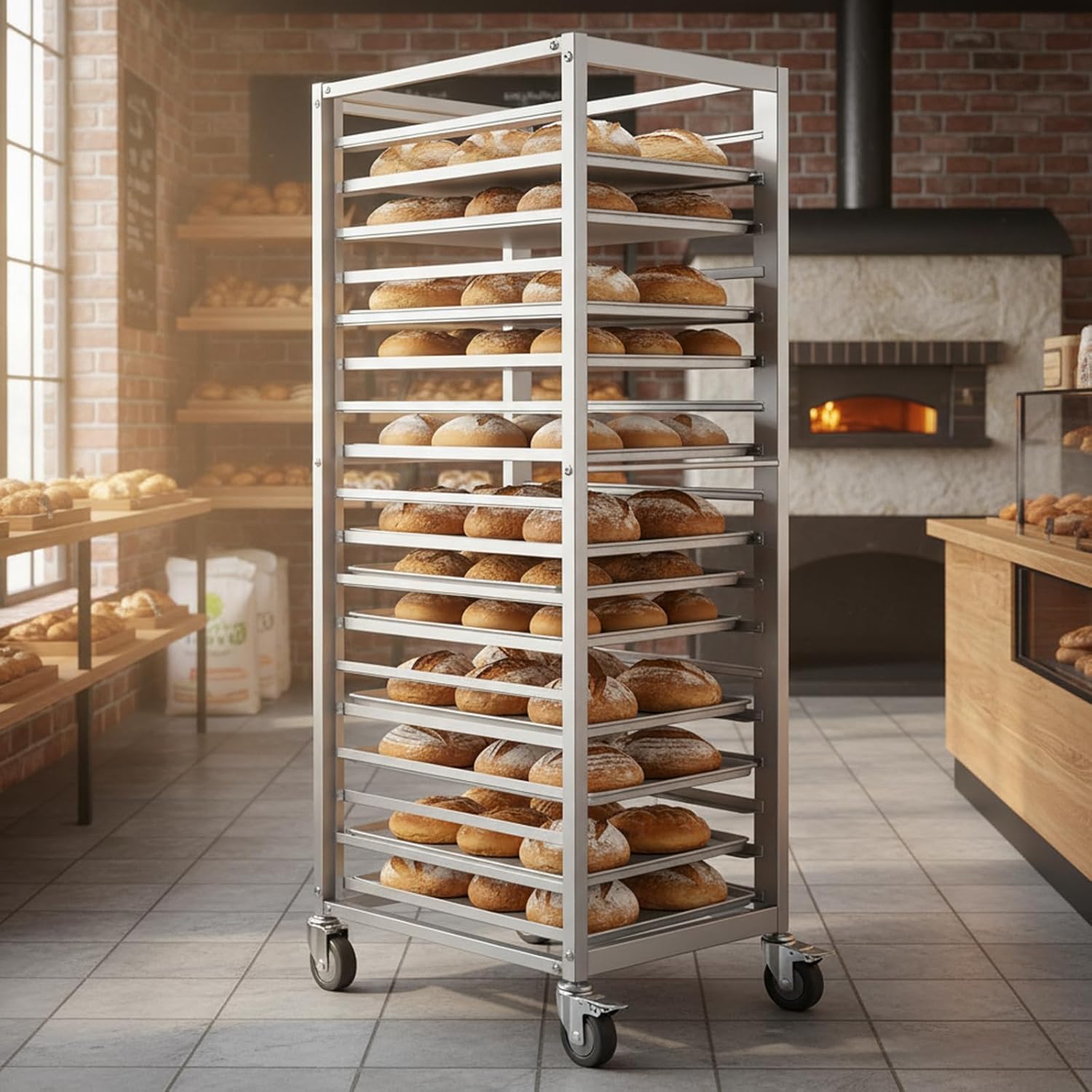 Bun Pan Rack,18 Tier Aluminum Commercial Bakery Racks with 4 Wheels, Home Commercial Kitchen Bakery Cooling Rack for Restaurant Cafeteria Pizzeria, 18.5" W x 24.6" Lx 70" H