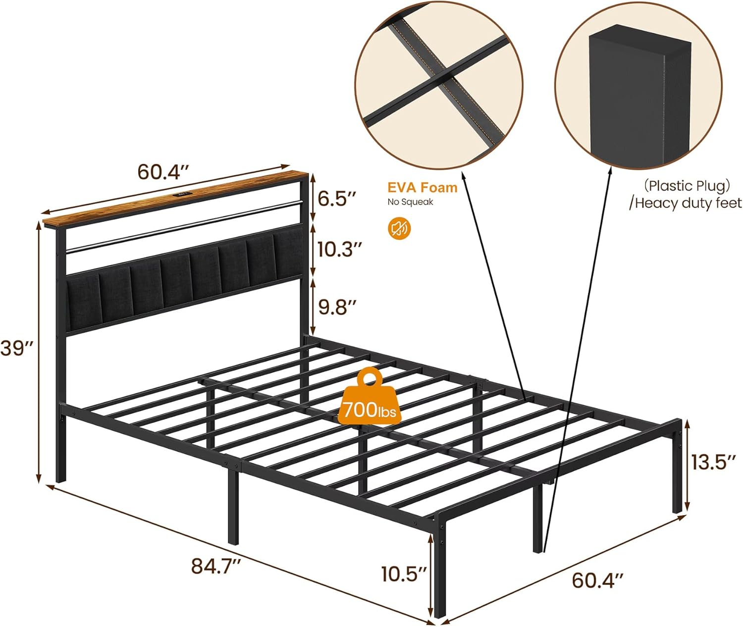 Bed Frame Queen Size with Storage Headboard & Charging Station, Sturdy Metal Queen Platform Bed Frame No Box Spring Needed, Queen Bed Frame Low to Ground, Quiet Base, Black (Upholstered Queen)