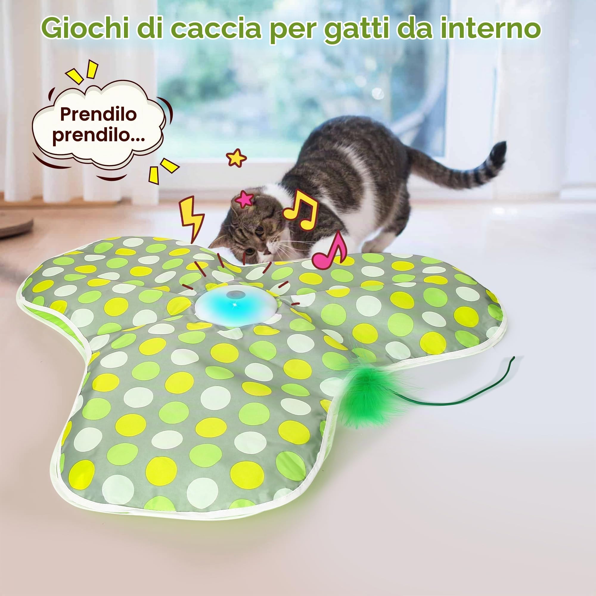 Giochi per Gatti Interattivi, Gioco Gatto in Casa, Gioco per Acchiappare i Topi, con Piume Rimovibili, Modalità Standby Automatica, Giocattolo per Gatti Ricaricabile Tramite USB (Verde)