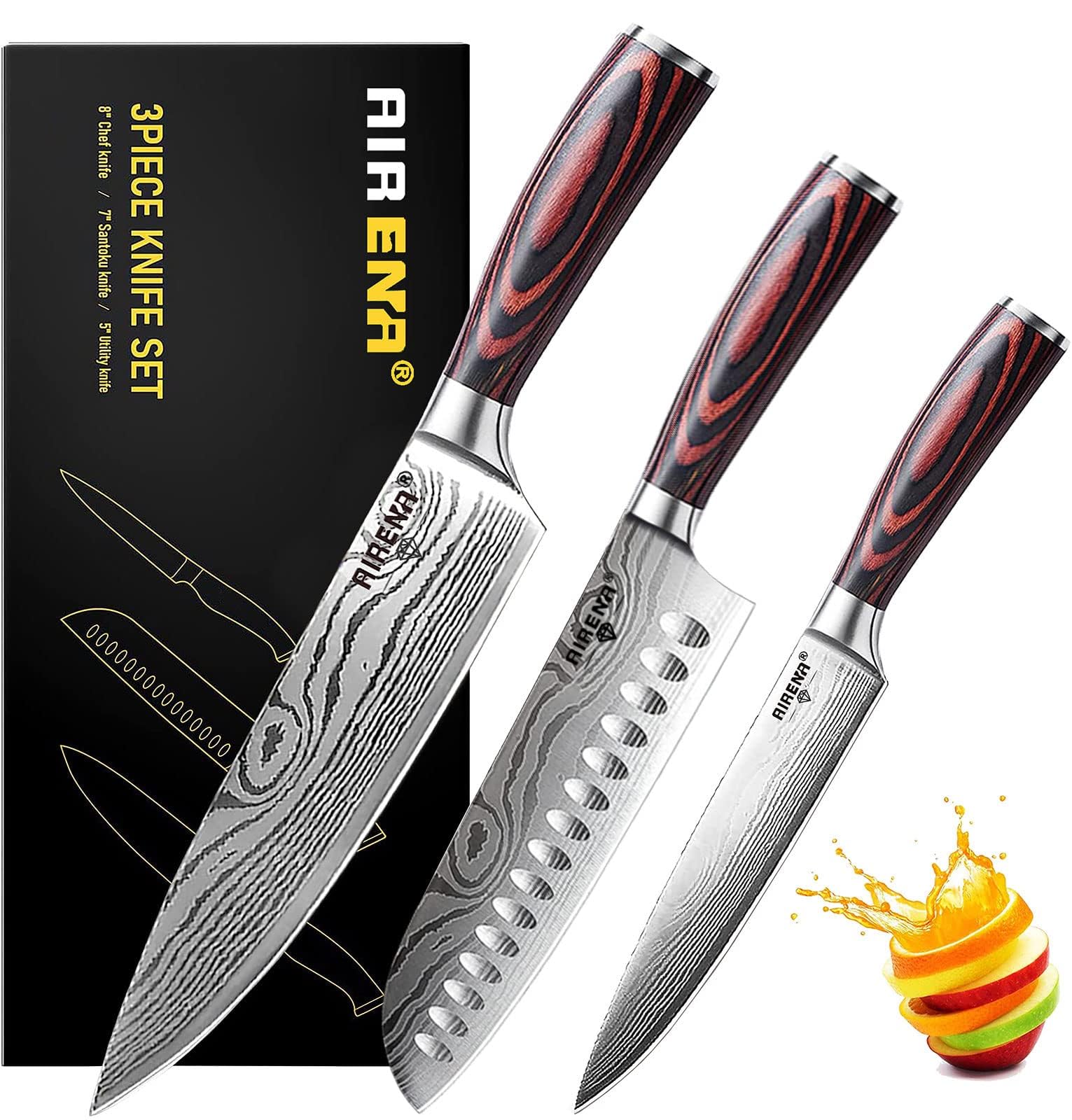 Chef Knives Set of 3 | 8" Chef Knife | 7" Japanese SANTOKU | 5" Paring Knife & Finger Guard | High Carbon Stainless Steel | Long-Lasting Sharp Blade | Professional Kitchen Knives Set