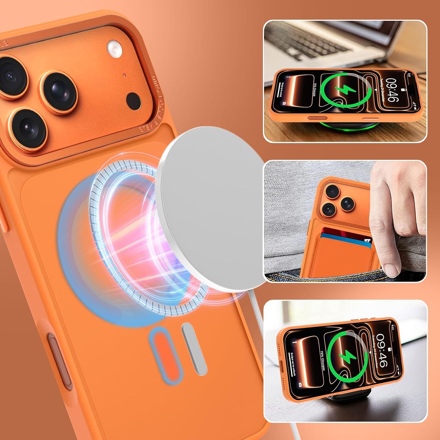 MOWIME Magnetic Case for iPhone 17 Pro Max [Compatible with Magsafe] [with Wallet & Card Holder] [Military Drop Protection] Slim Translucent Matte Case for iPhone 17 Pro Max 6.9" 2025, Orange - Image 6