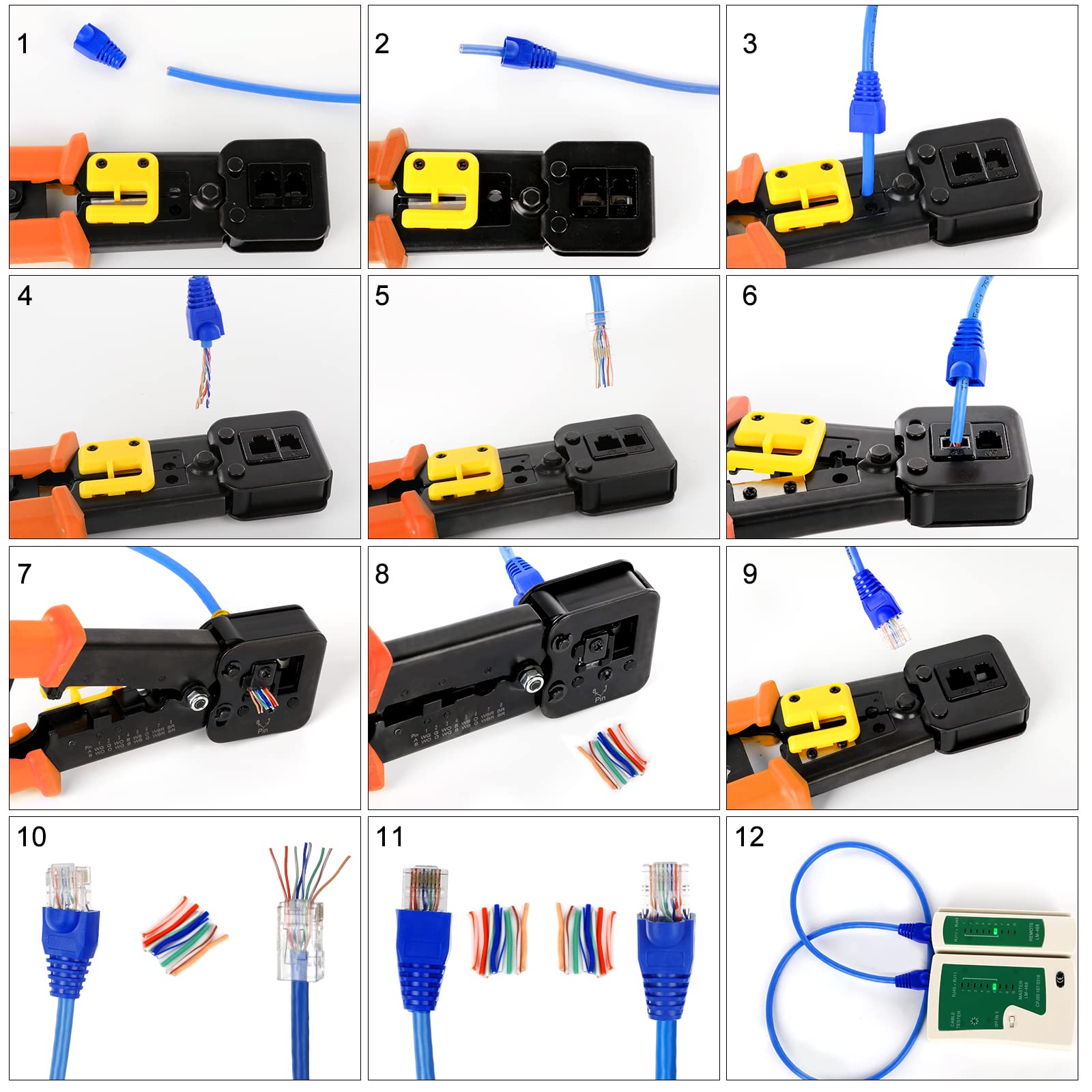Zestaw zaciskaczy Ethernet RJ45 Cat6 Cat5e narzędzie do zaciskania z 10 złączami przelotowymi RJ45 Cat6, 10 szt. modułowych osłon złączy, 1 mini striptizerka, 5 ostrzy i 1 tester kabli sieciowych