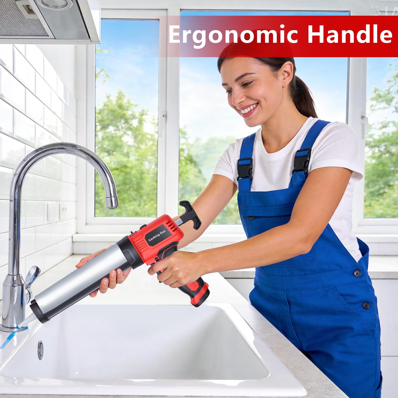 Pistolet Silicone Électrique Sans Fil 300ml, Pistolet à Cartouche Léger 0.9kg avec Poignée Ergonomique LED, Alimenté par Piles AA pour Étanchéité des Fenêtres Salle de Bain et Joints de Voiture