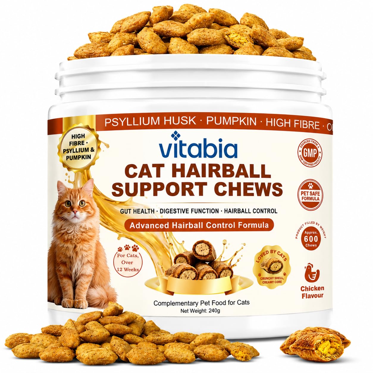 VITABIA Cat Hairball Support Chews 600 Chews (240g) – Hairball Control for Cats, Anti Hairball Cat Treats with Psyllium Husk, Pumpkin & Omega 3, Digestive & Gut Health Support, Chicken Flavour