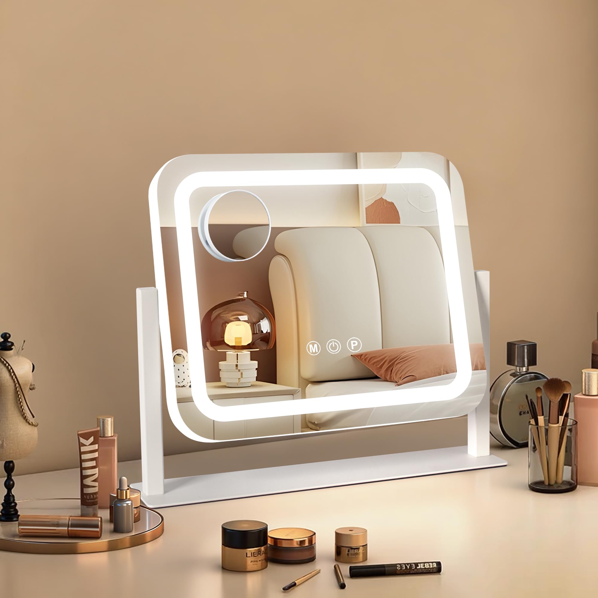 Ratsamee Specchio Trucco con Luci, 35X30cm Specchio da Tavolo LED, Specchio Ingranditore 10X Staccabile, 3 Temperature di Colore, Rotazione 360°, Controllo Tattile, Telaio in Metallo, Bianco