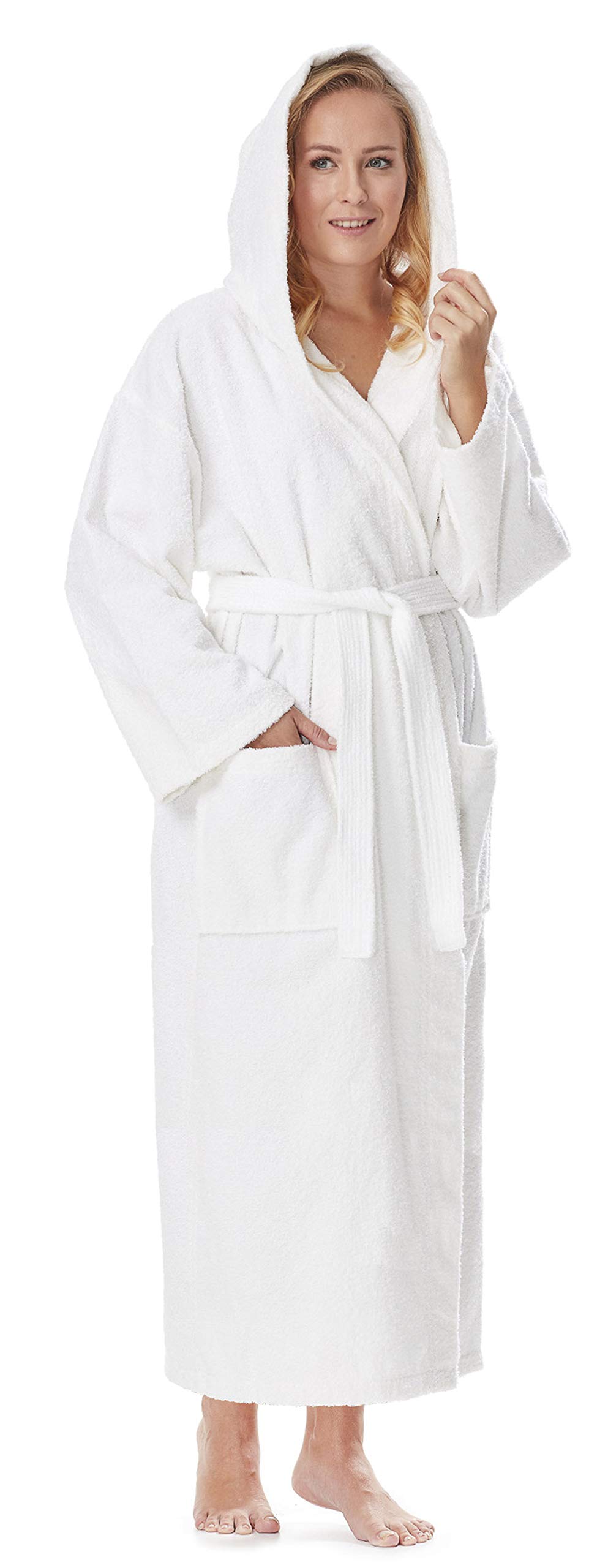 Arus Women`s bathrobe with hood, calf length, 100% cotton terry towelling, white, XL-XXL