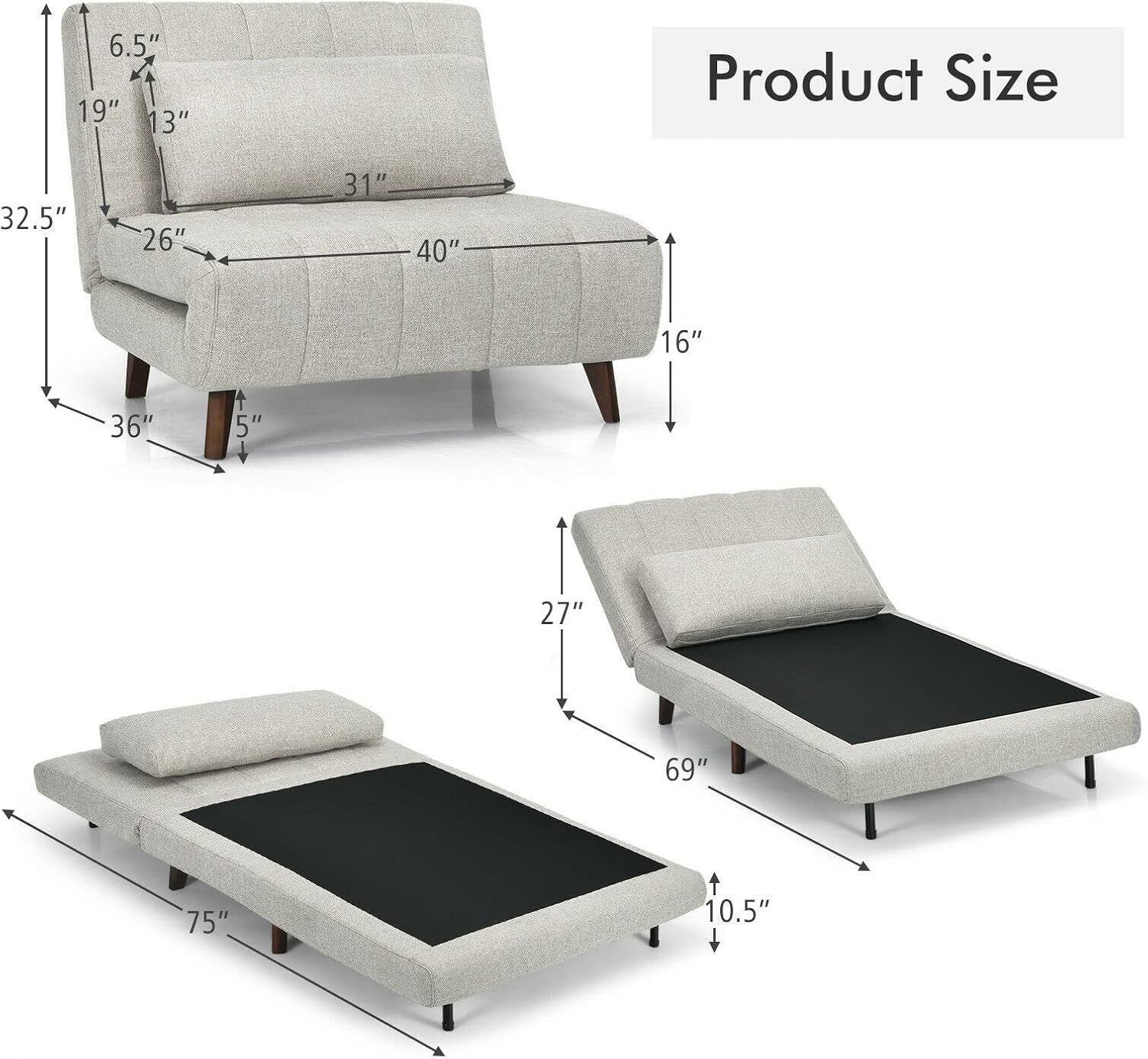 Convertible Sofa Bed 3 Position Folding Sleeper Chair w/Pillow Beige/Gray/Blue(Black)