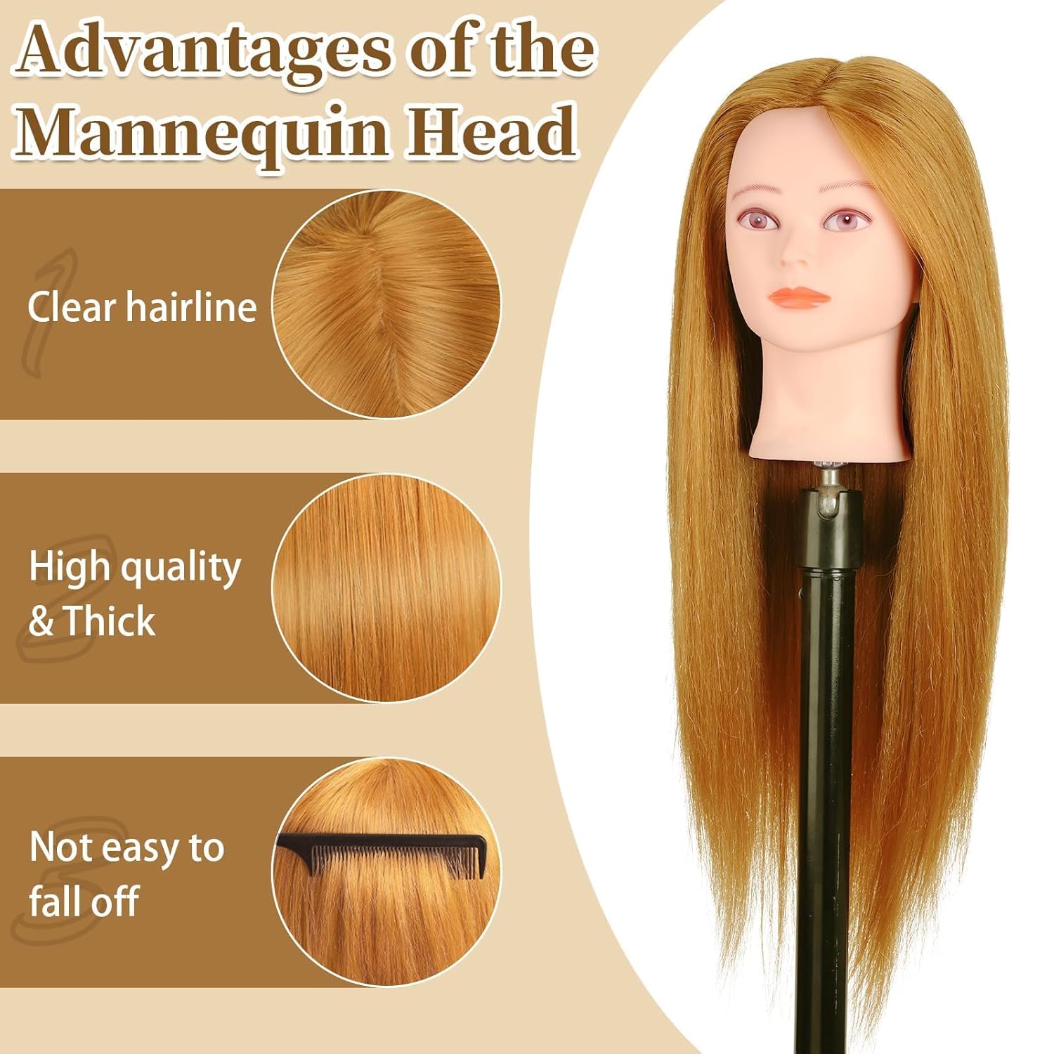 26"-28" Mannequin Head with 80% Real Hair – Cosmetology Training Head for Hair Braiding, Styling & Makeup Practice – Doll Head with Clamp