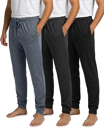 Real Essentials 3 Pack Mens Ultra Soft Cotton Pajama Pants - Sleep Lounge PJ Joggers with Pockets Available in Big & Tall