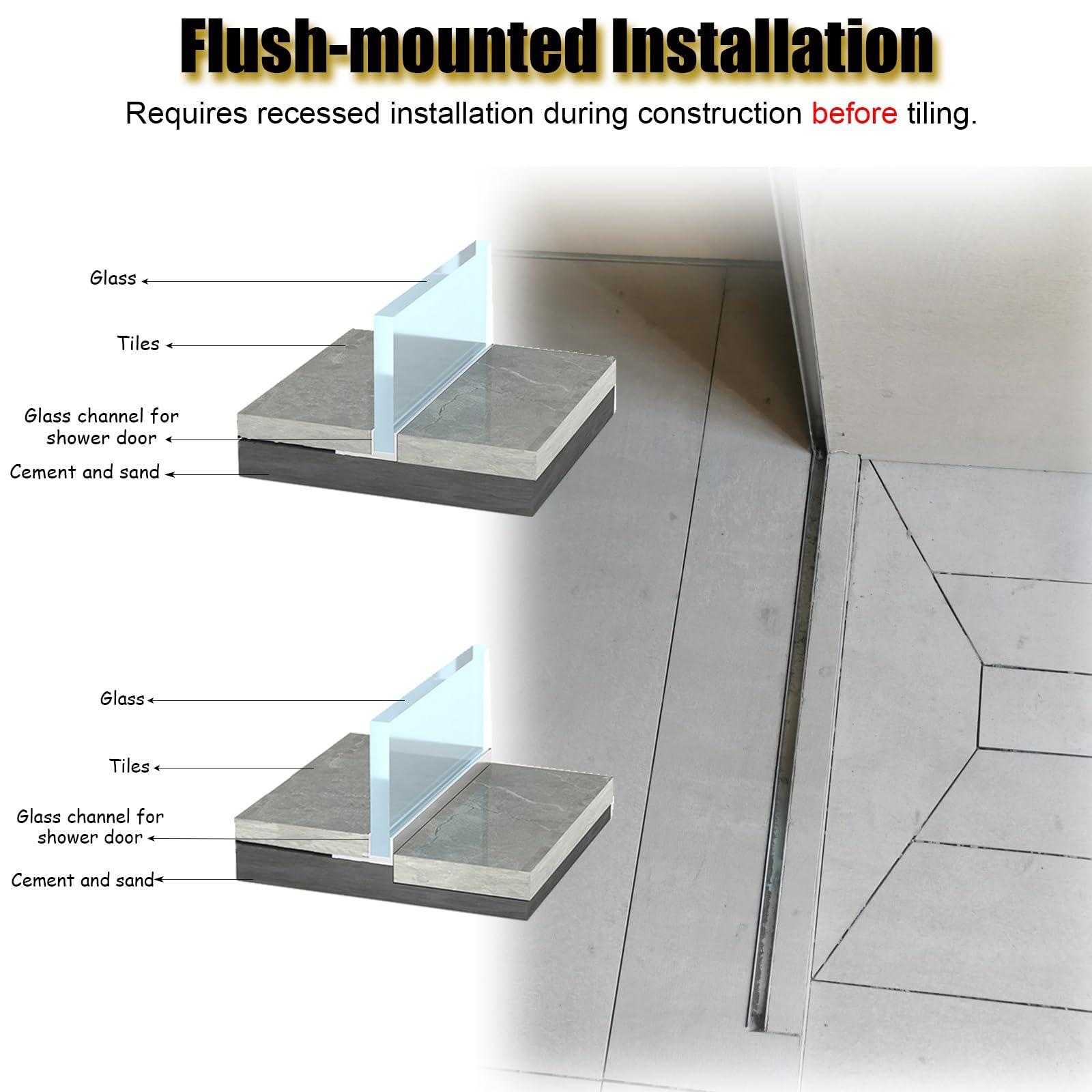 Puerta de ducha con canal F, ranura de perfil de acero inoxidable con sello integrado para uso en interiores y exteriores, canal de fijación de vidrio (12 mm, 1,9 m de longitud)