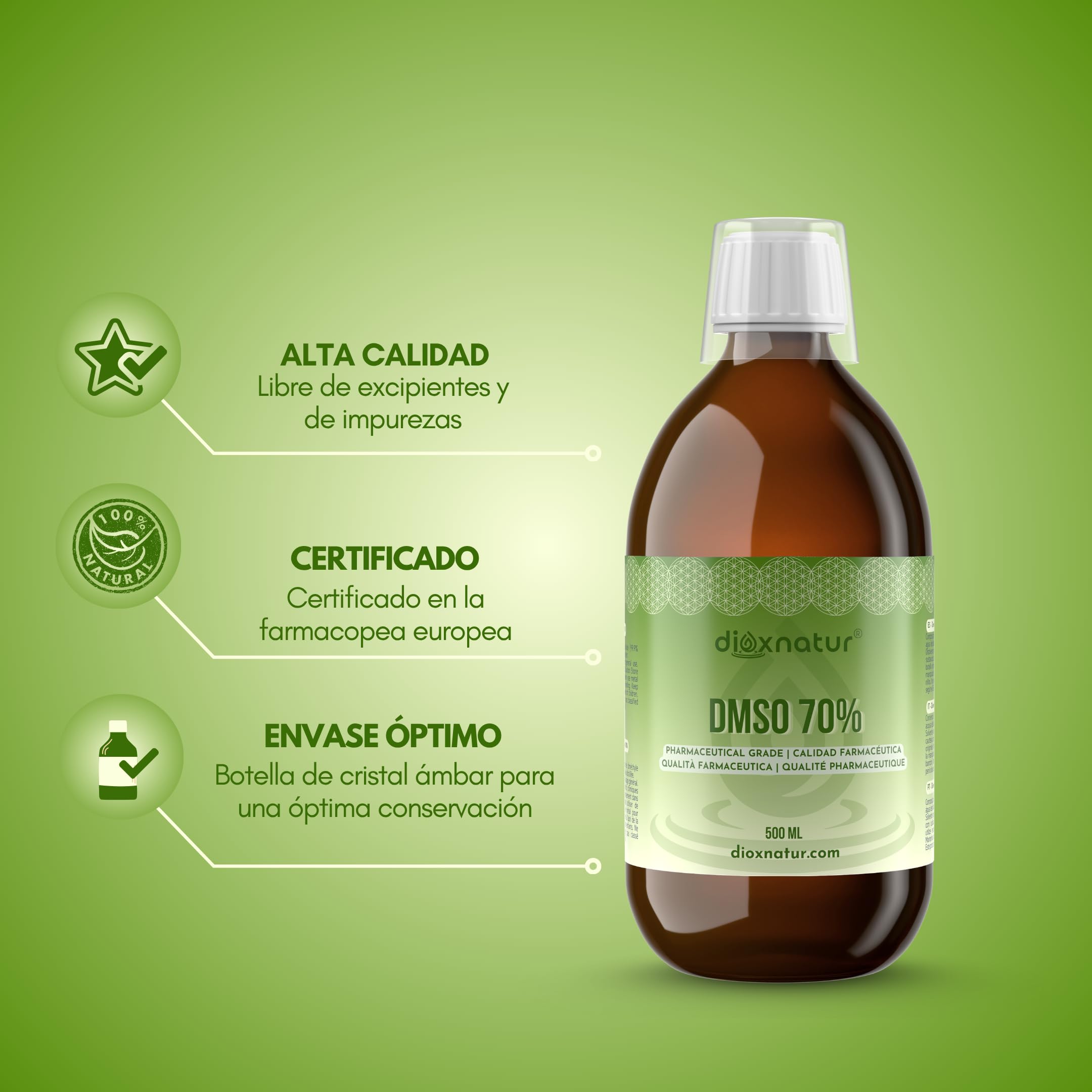 DMSO 70% 500 ml Dimetilsulfóxido, Incluye Spray Botella de Cristal Ámbar