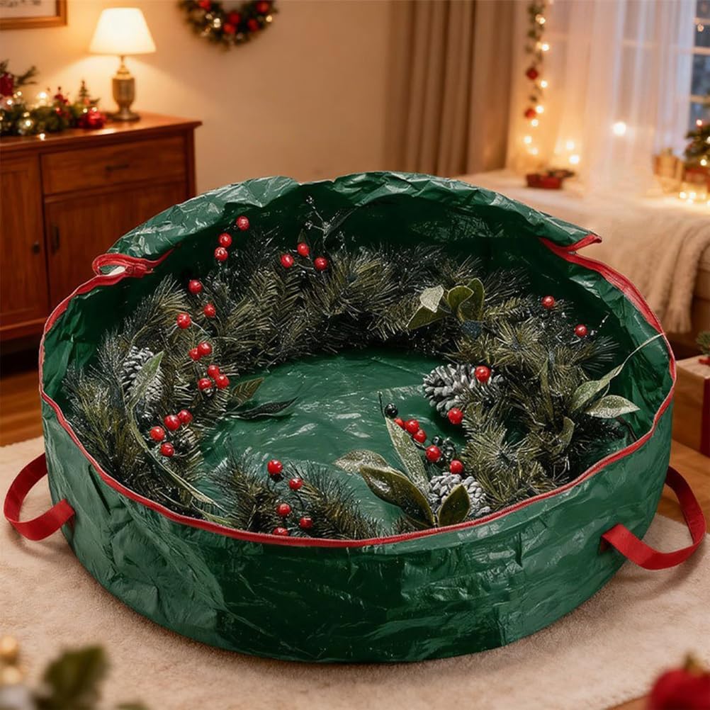Wreath Storage Container Bag, Christmas Wreath Storage PE Fabric Bag Dual Zippers and Handles, Christmas Wreath Boxes for Xmas Holiday,Red,75 * 20cm