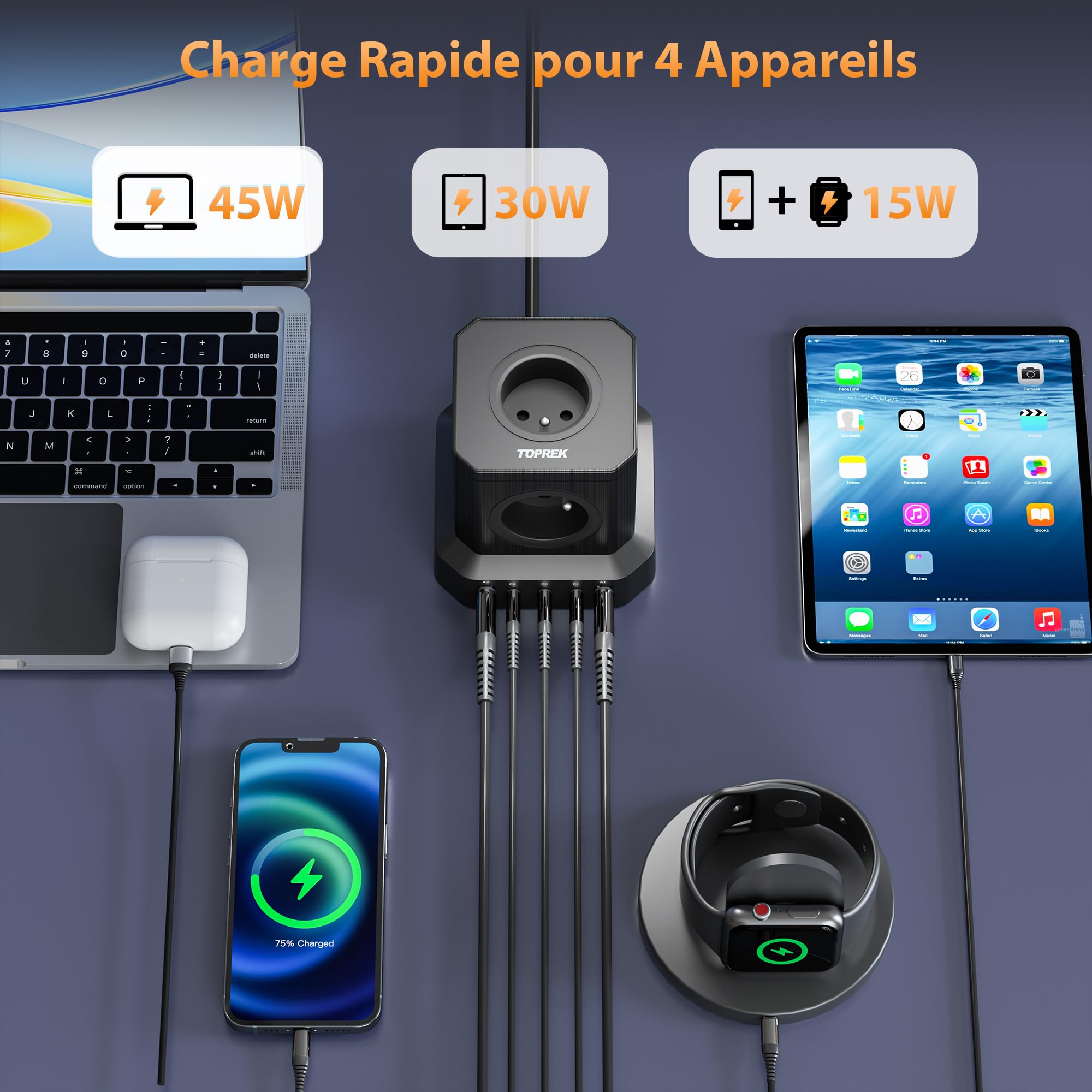 TOPREK 100W PD3.0 Cube Multiprise avec 5 Prises AC Française et 5 USB | 2M Câble, 10 en 1 Cube Rallonge Multiprise avec Interrupteur, 100W 5 Ports USB Charge Rapide GaN Tech Électrique(4000W/16A)