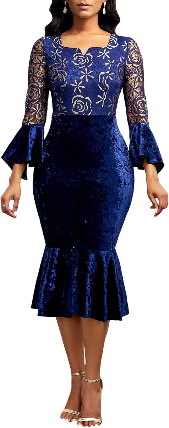 Midi Lace Dress for Women Sexy Bodycon Fishtail Dress Elegance Cocktail Party Banquet Church Outfits