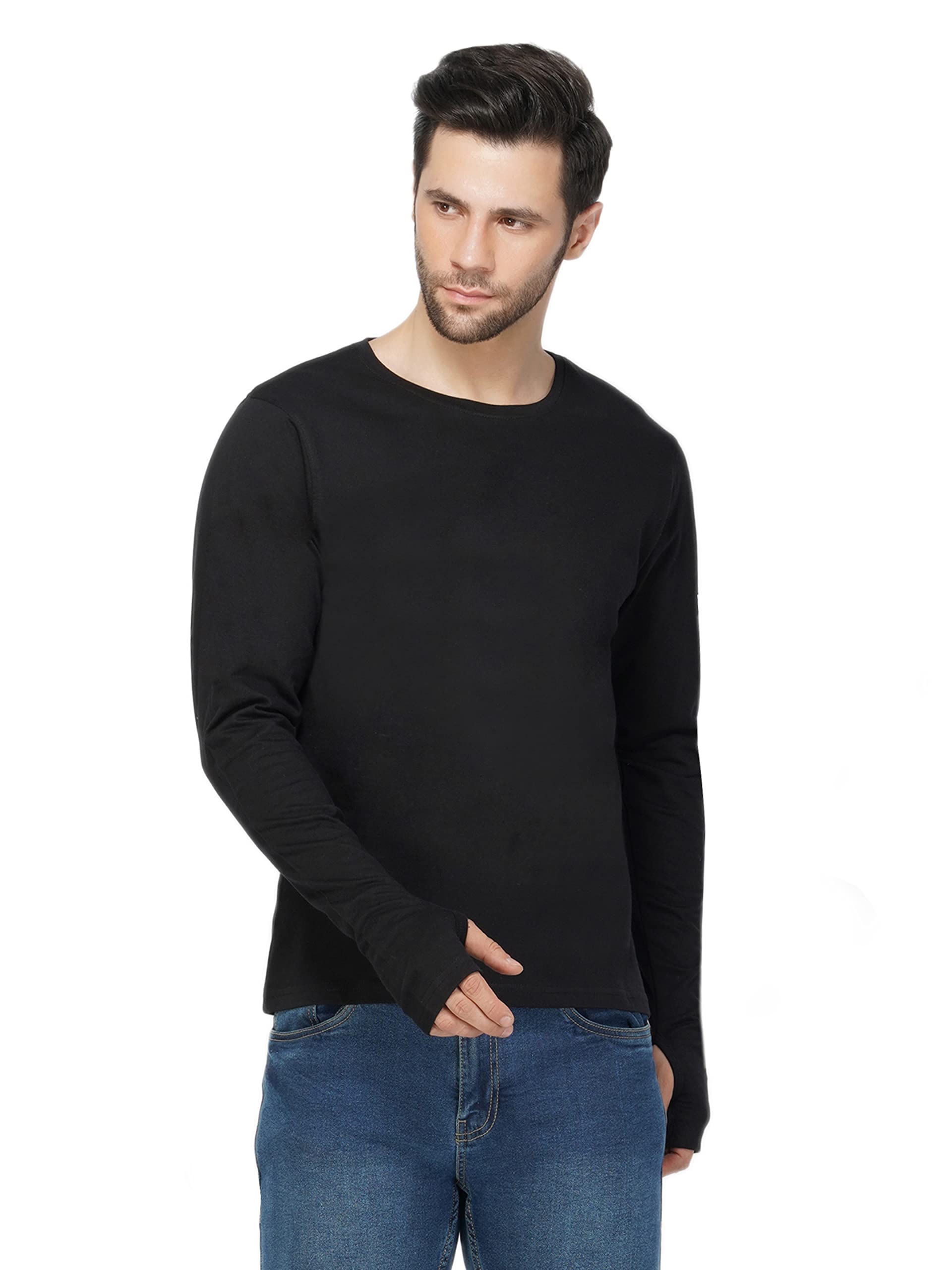 Ap'pulse Men Regular Fit Solid Long Sleeve Thumbopen Round Neck Casual Tshirt