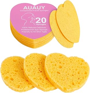AUAUY Compressed Face Sponges, 20pcs Beige Facial Cleansing Sponge | 100% Natural Wood Pulp Cotton | Easy to Store | Heart Shape | for Face Cleansing, Exfoliating Mask, Makeup Removal
